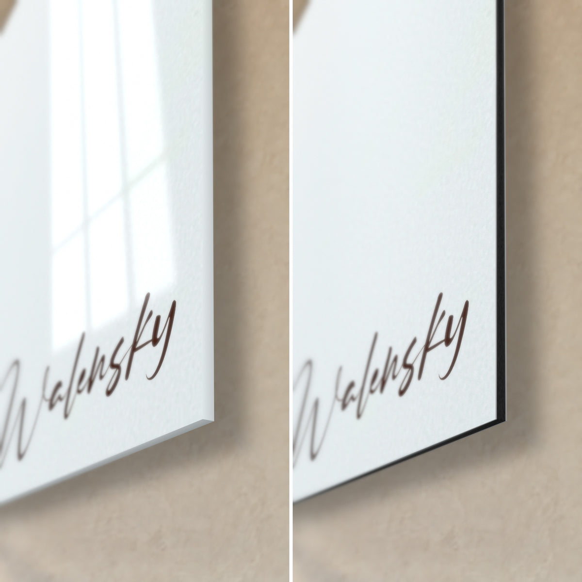 Πίνακας γωνία κάτω δεξιά σε ανοιχτό κίτρινο και σκουριασμένο καφέ, αριστερά γυαλιστερό ακρυλικό γυαλί με ανακλάσεις, δεξιά ματ αλουμίνιο Dibond, πάχος 3 mm ορατό