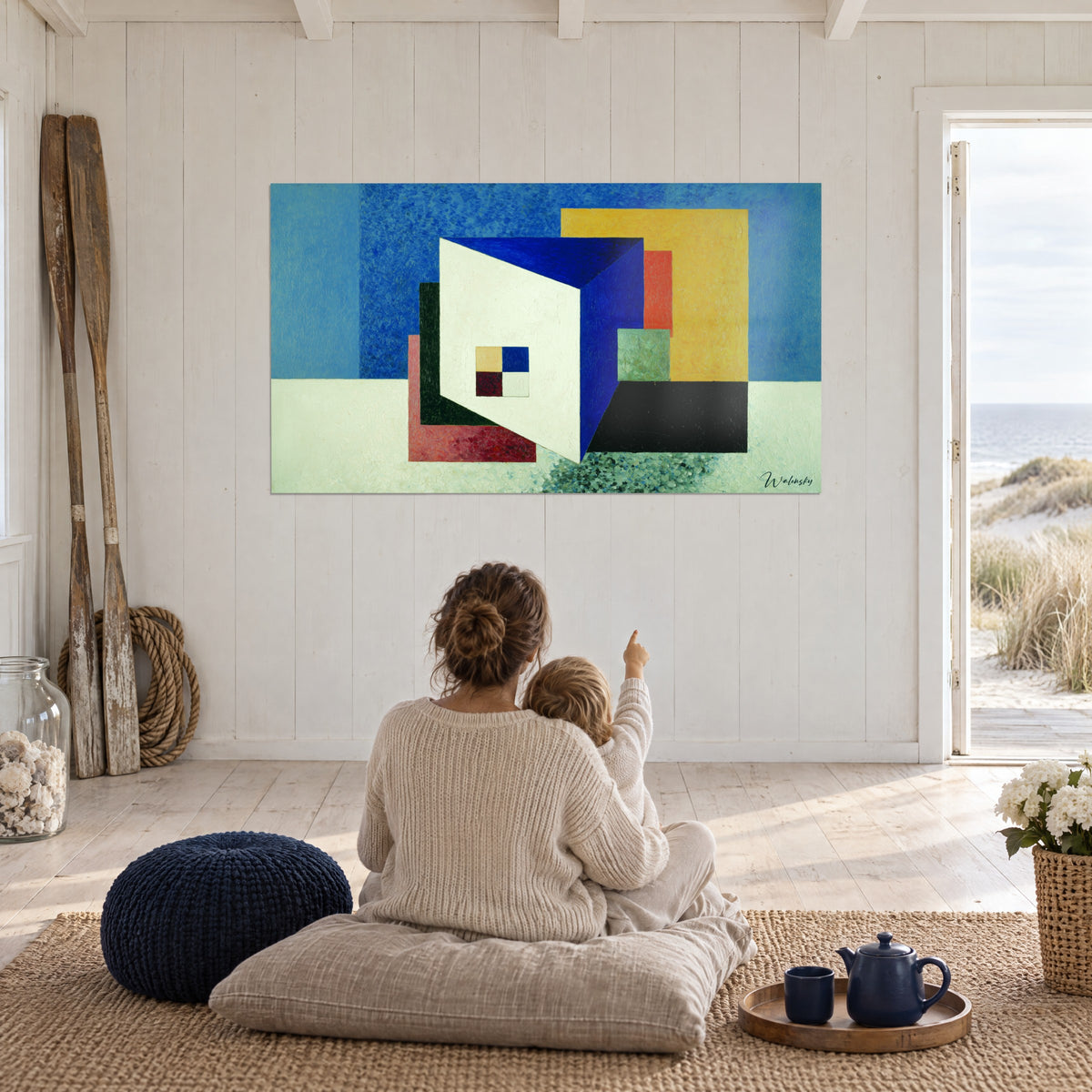Gemälde Geometrische Form in Creme und Marineblau, Mutter und Kind von hinten auf einem Kissen, Ruder an der Wand lehnend, Haus am Meer