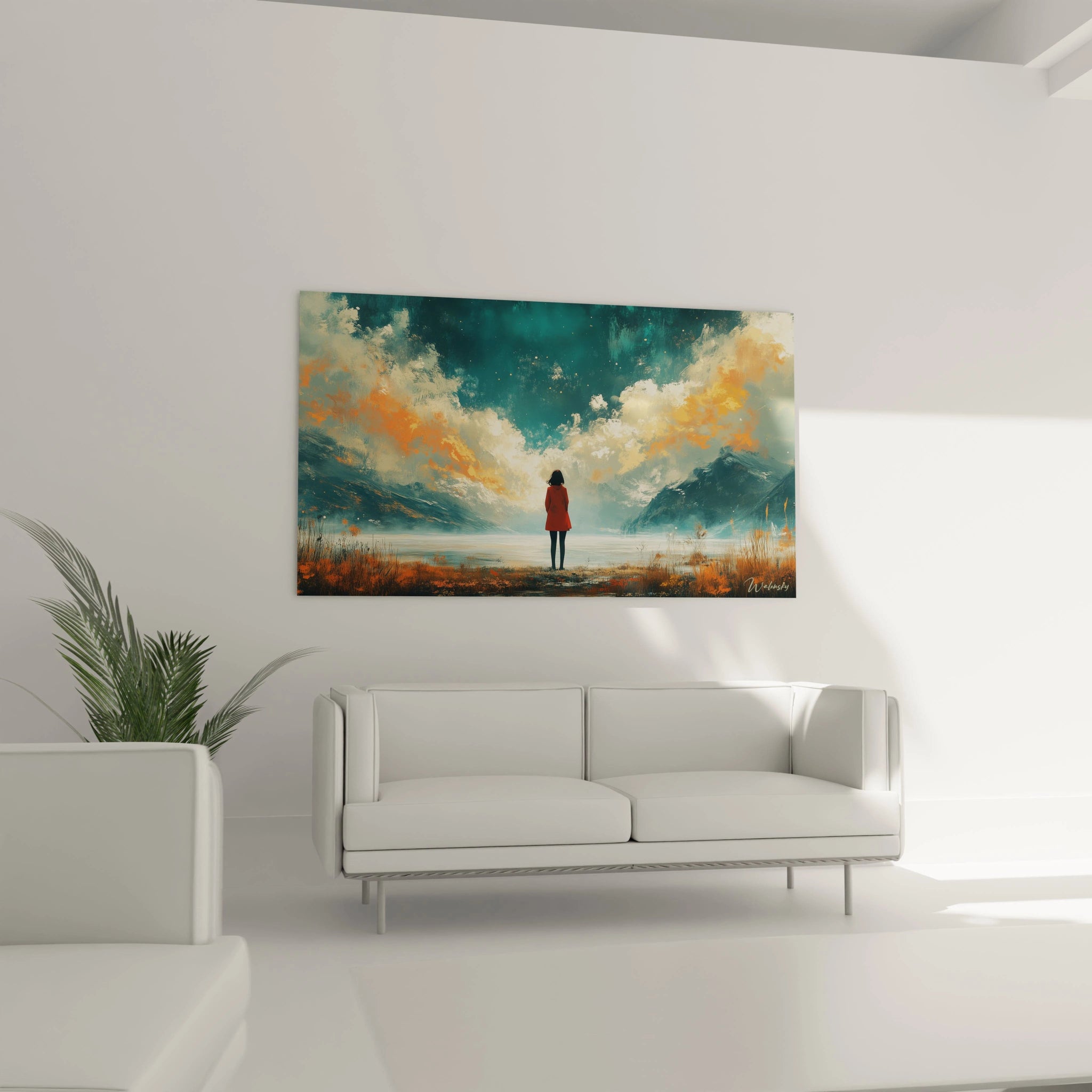 Un tableau paysage atmosphérique illustrant une figure solitaire contemplant un lac entouré de montagnes brumeuses, dominé par des contrastes entre bleu profond et orange flamboyant, avec des touches lumineuses créant un effet éthéré.