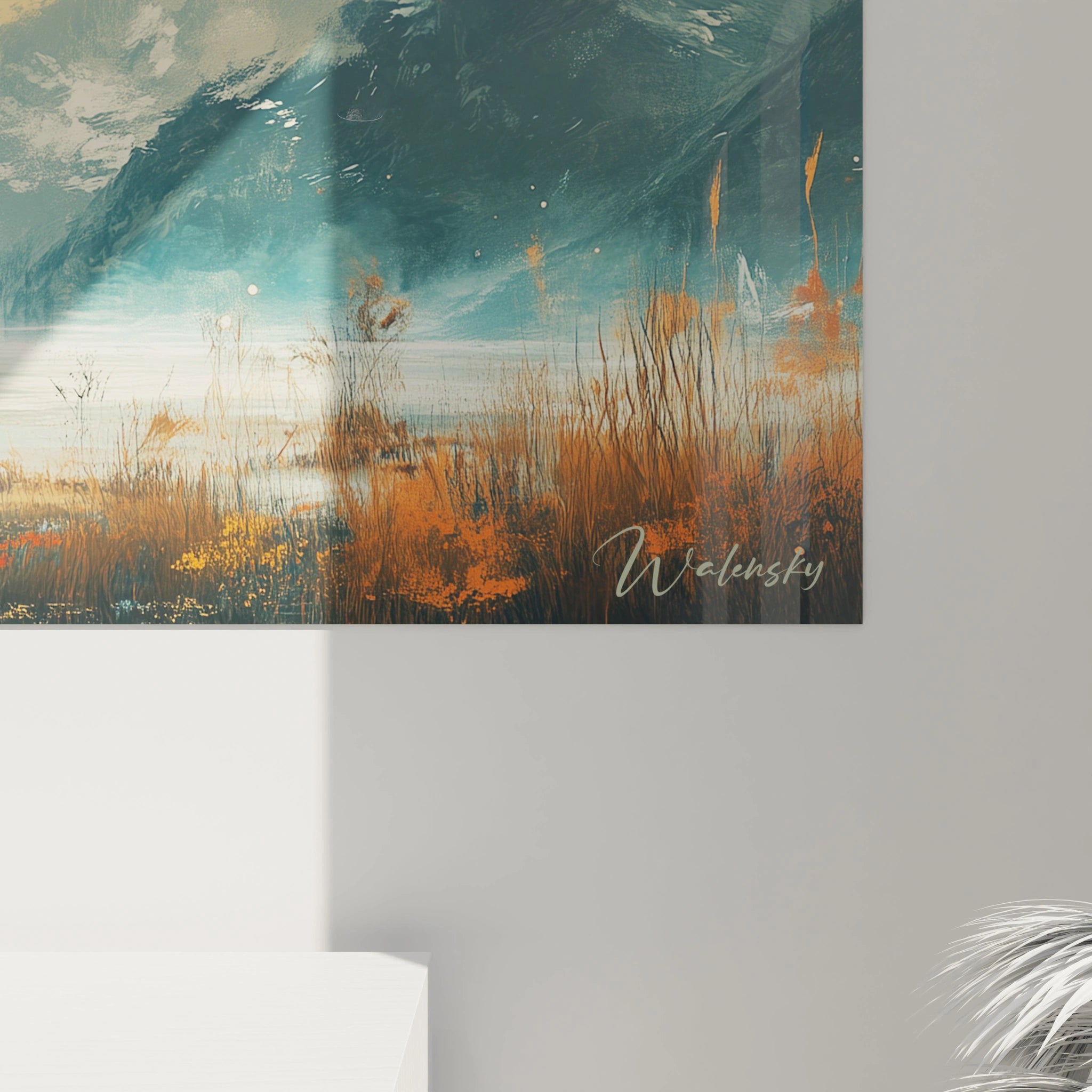 Un tableau paysage méditatif montrant une silhouette humaine face à un panorama naturel, composé de montagnes sombres, d'un ciel aux nuances turquoise et orangées, et d'une lumière centrale créant une percée mystique entre les sommets.