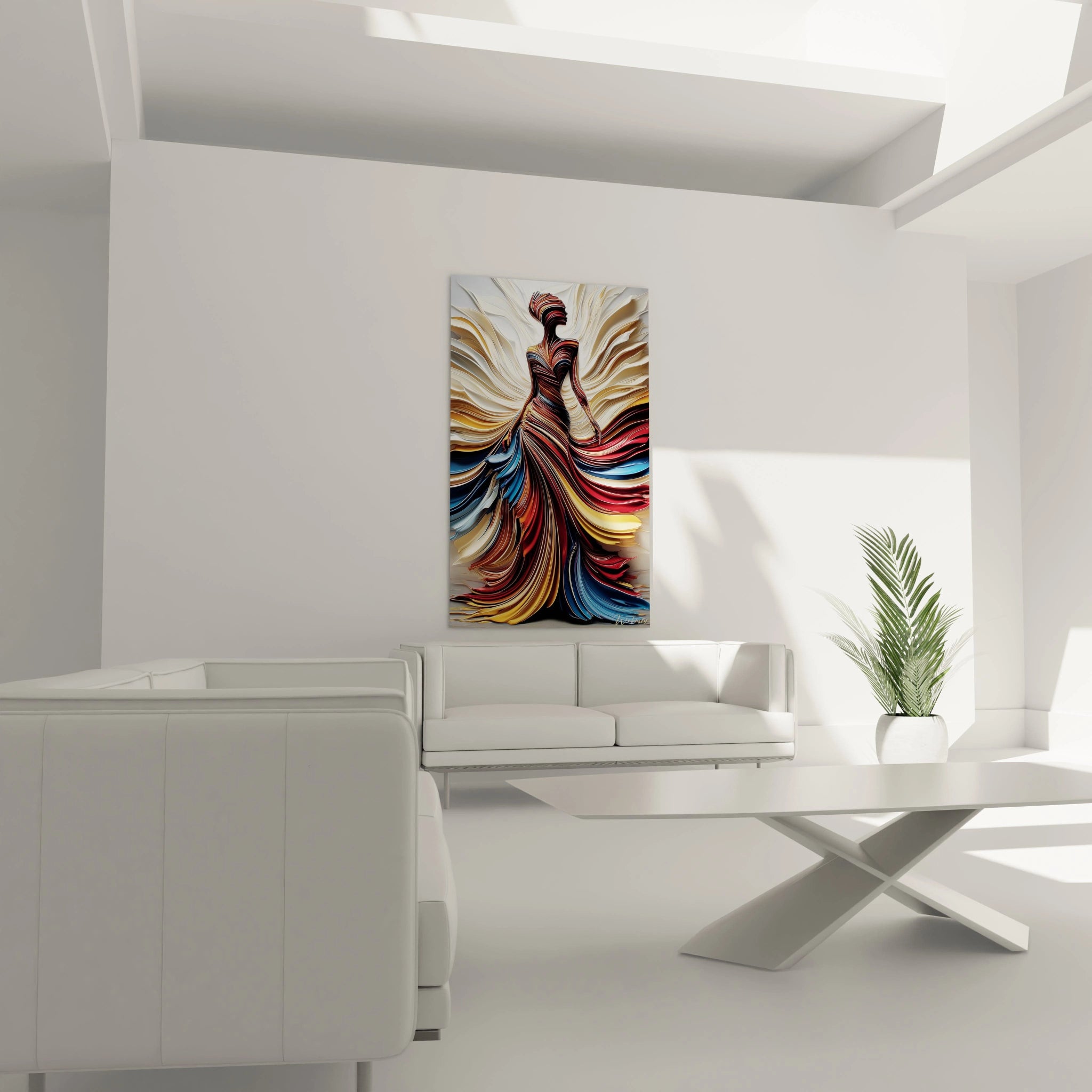 Tableau contemporain haute couture représentant une femme élégante avec des couleurs vives dans un design moderne