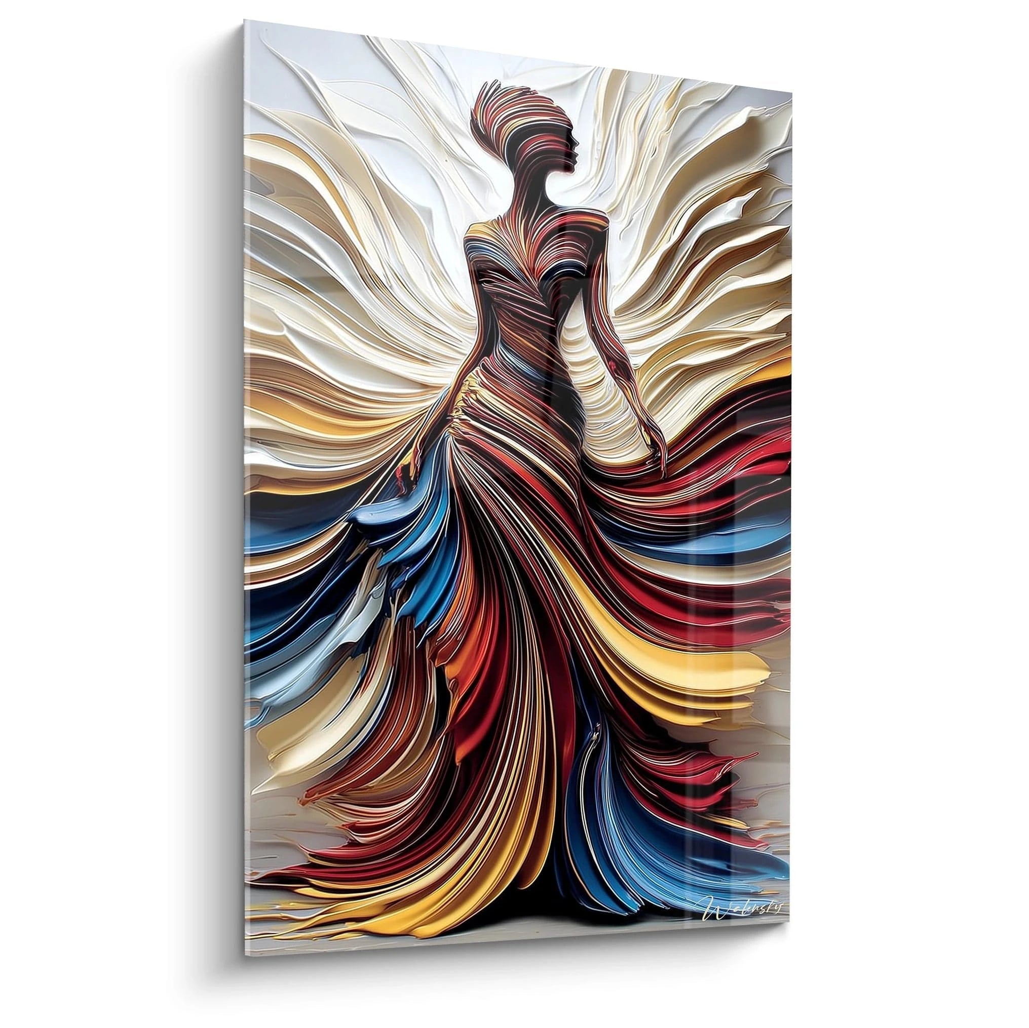 Tableau mural contemporain haute couture avec une silhouette stylisée et des couleurs vibrantes