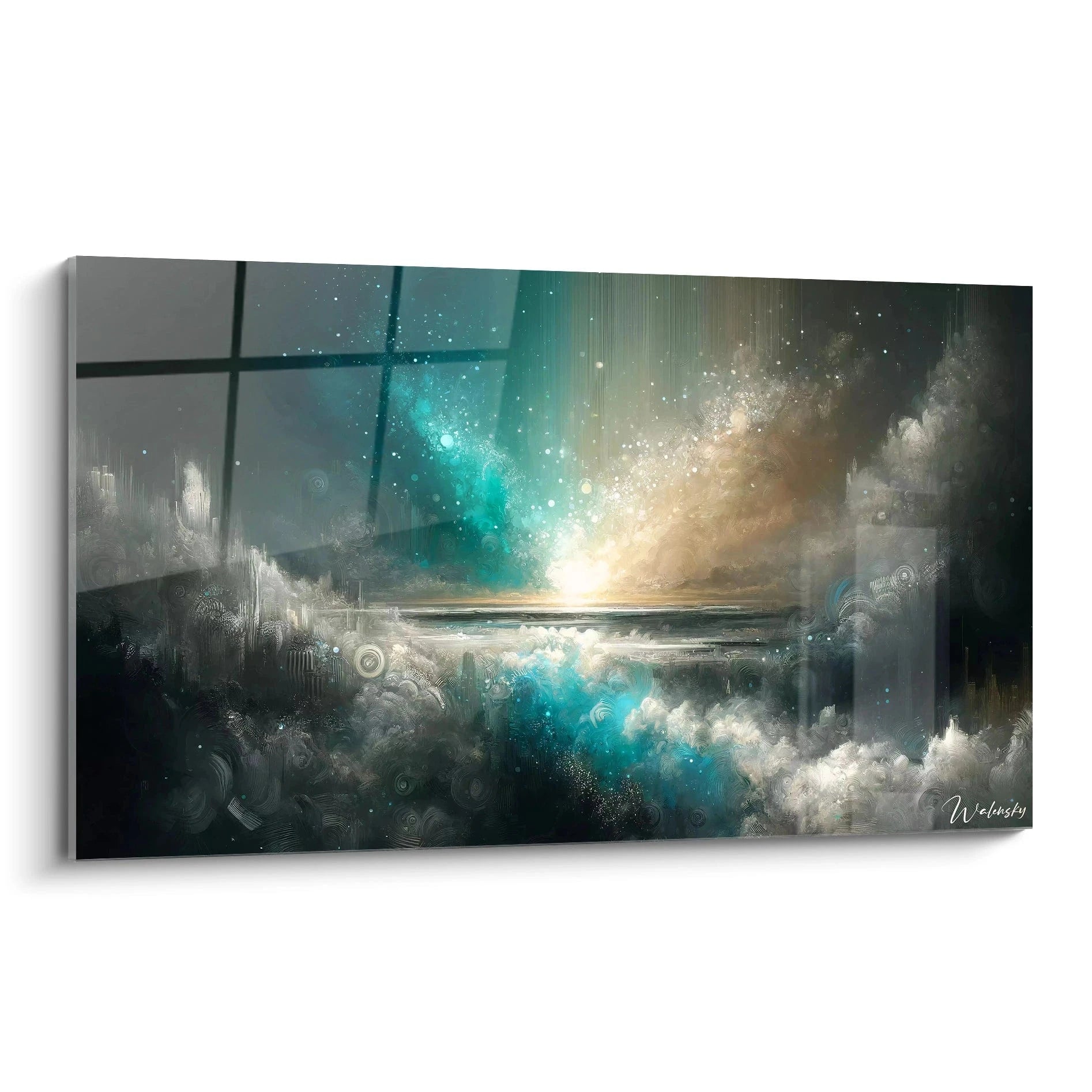 Un tableau abstrait de paysage marin nocturne. Dominé par des teintes turquoise lumineux, noir profond et or pâle. La texture présente des nuages vaporeux et des vagues écumeuses avec des points lumineux semblables à des étoiles, des motifs spiralés et des traits verticaux créant un effet cosmique.