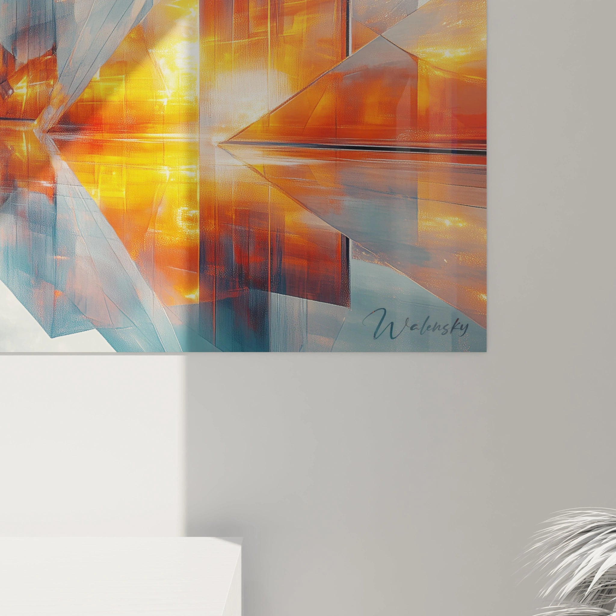 Tableau géométrique abstrait de Walensky avec des motifs lumineux orange et bleu