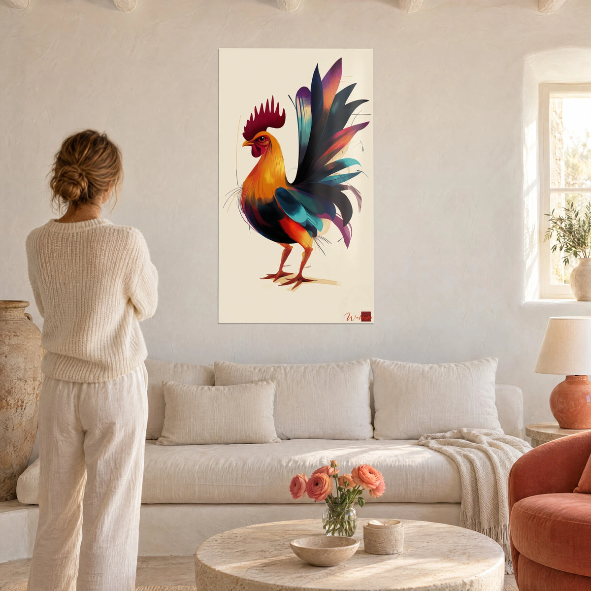 Gemälde Hahn in flammenden Farben mit türkisfarbenen und purpurnen Federn, bordeauxroter Kamm, über einem Sofa in einem hellen Wohnzimmer