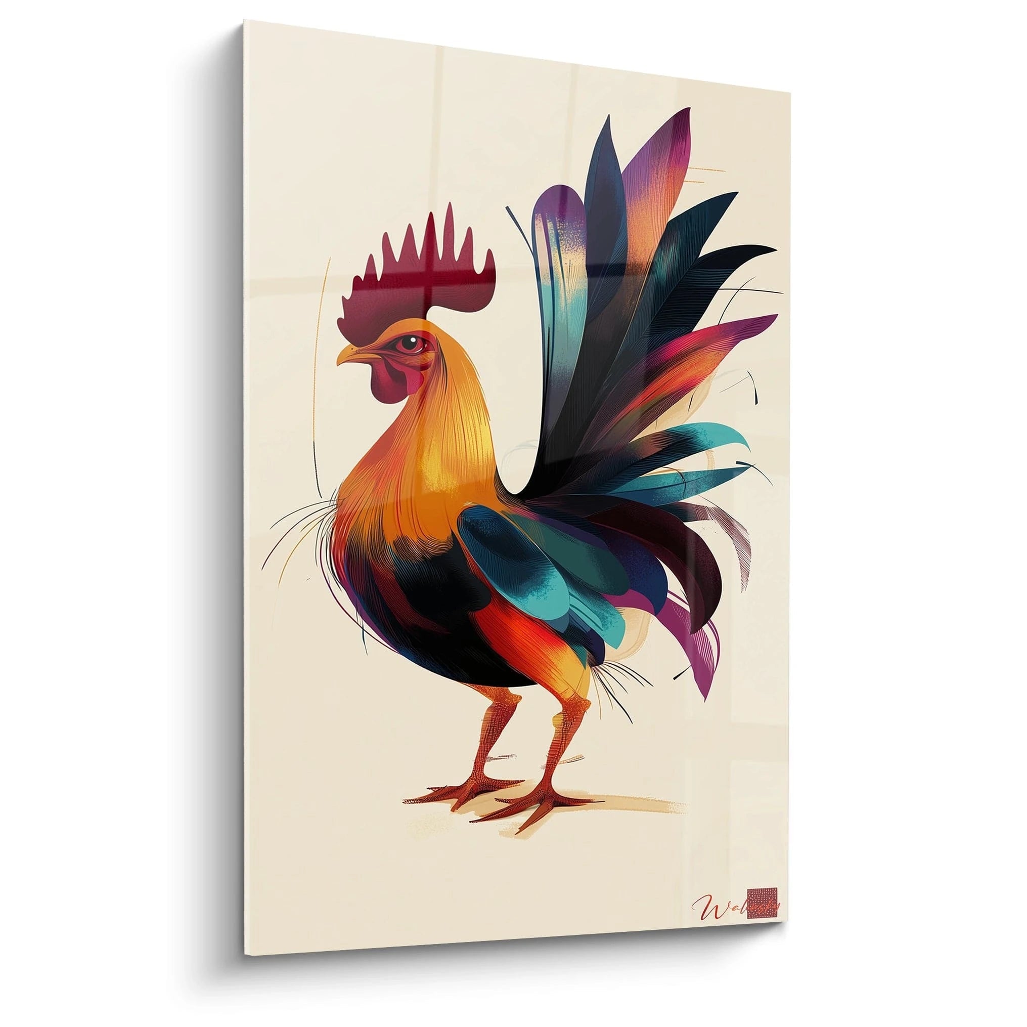 Un tableau coq représentant un gallinacé aux plumes colorées, avec corps orange vif, crête rouge écarlate et queue composée de plumes bleues, turquoise et violettes sur fond beige clair, dans un style graphique contemporain aux lignes épurées.