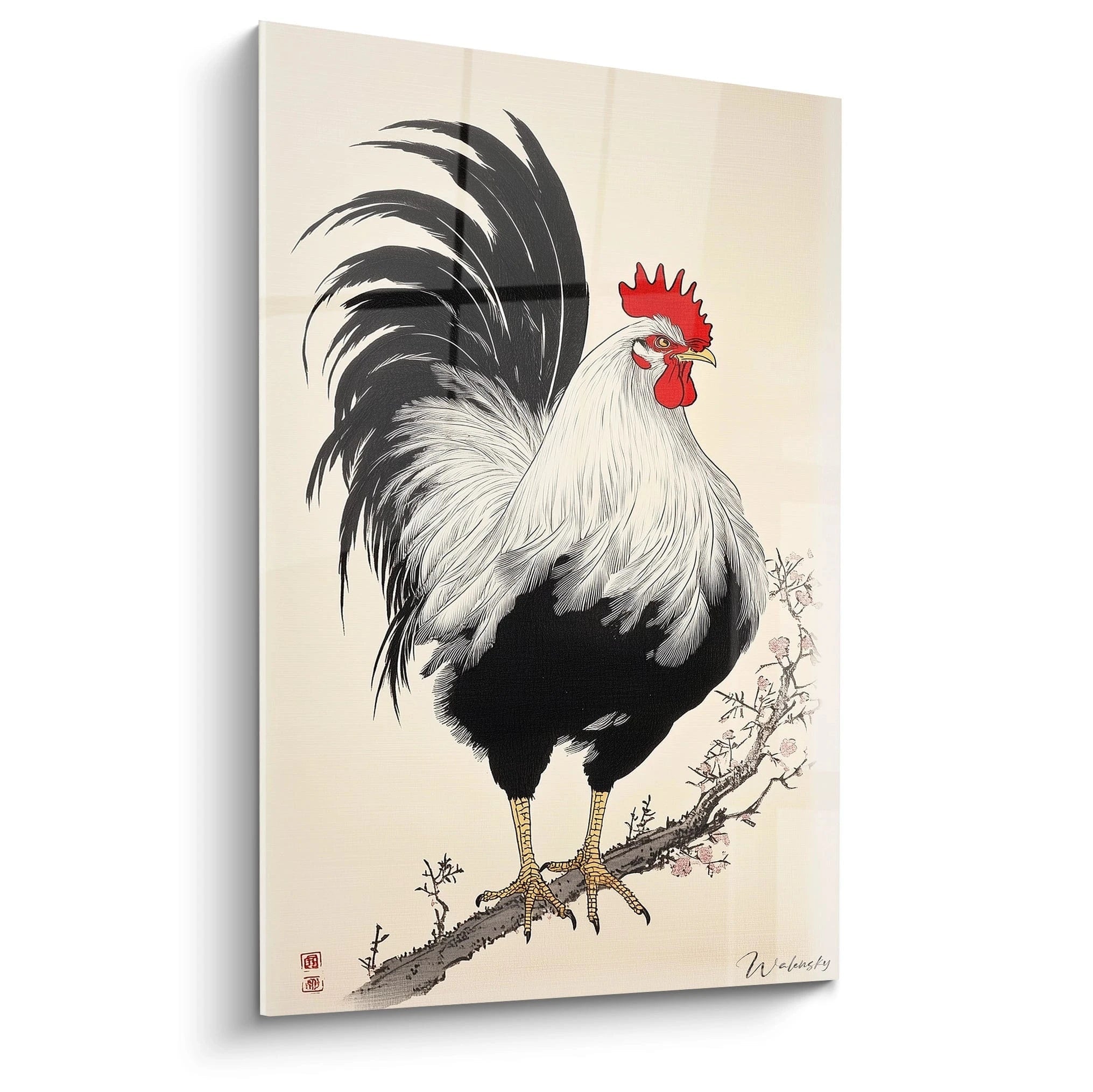 Un tableau coq représentant un gallinacé blanc et noir perché sur une branche fleurie, avec une crête rouge vif et un plumage détaillé. Les textures fines des plumes contrastent avec le fond beige clair, créant une composition élégante d'inspiration asiatique.