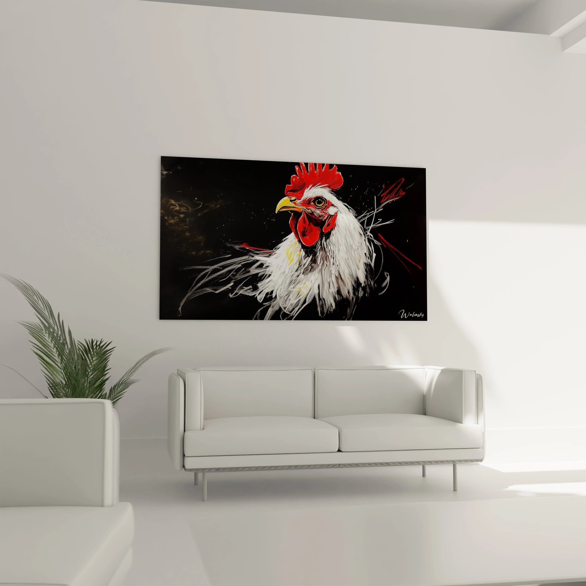 Un tableau coq blanc sur fond sombre capturant le regard perçant et la posture fière d'un coq, avec un traitement minutieux des textures du plumage, des touches de rouge vif sur la crête et une composition asymétrique dynamique.