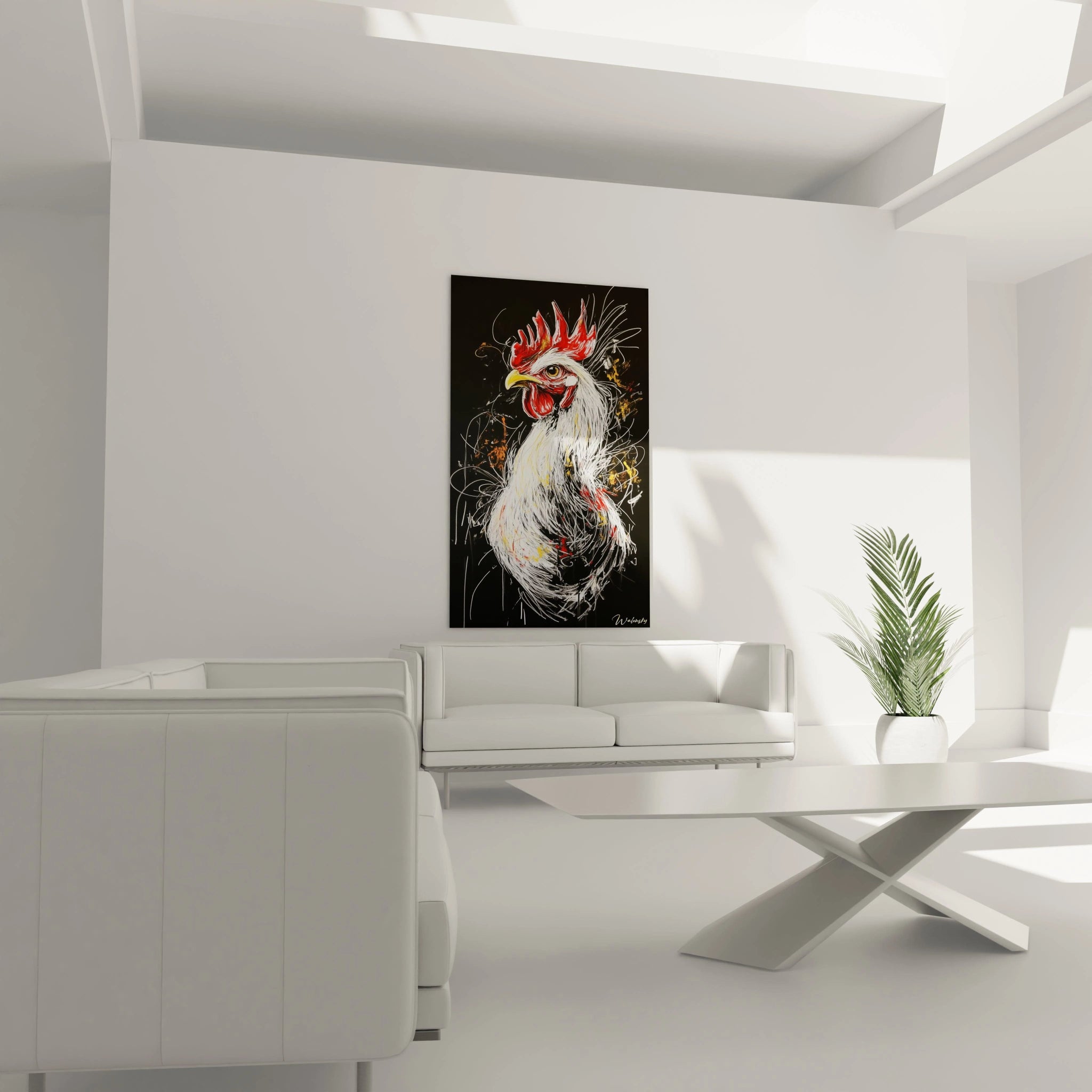 Un tableau coq artistique représentant un coq blanc majestueux avec une crête rouge et un œil ambré expressif. Les traits blancs énergiques sur fond noir créent une texture plumée réaliste avec des éclaboussures dorées subtiles.