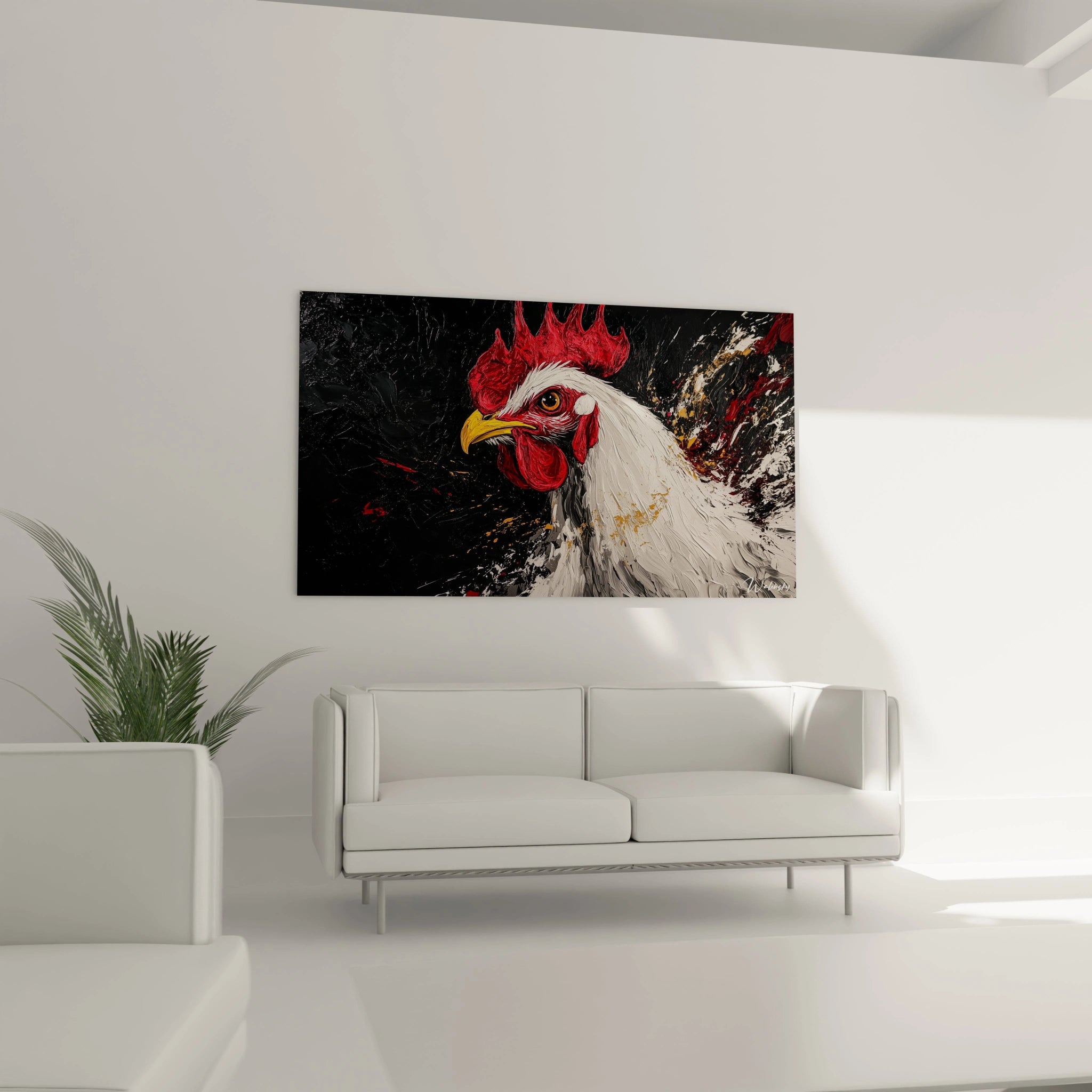 Un tableau coq en gros plan captant un coq blanc à l'œil orangé vif et crête rouge flamboyante. Technique d'empâtement créant des textures prononcées sur fond noir avec projections dynamiques blanches et rouges.