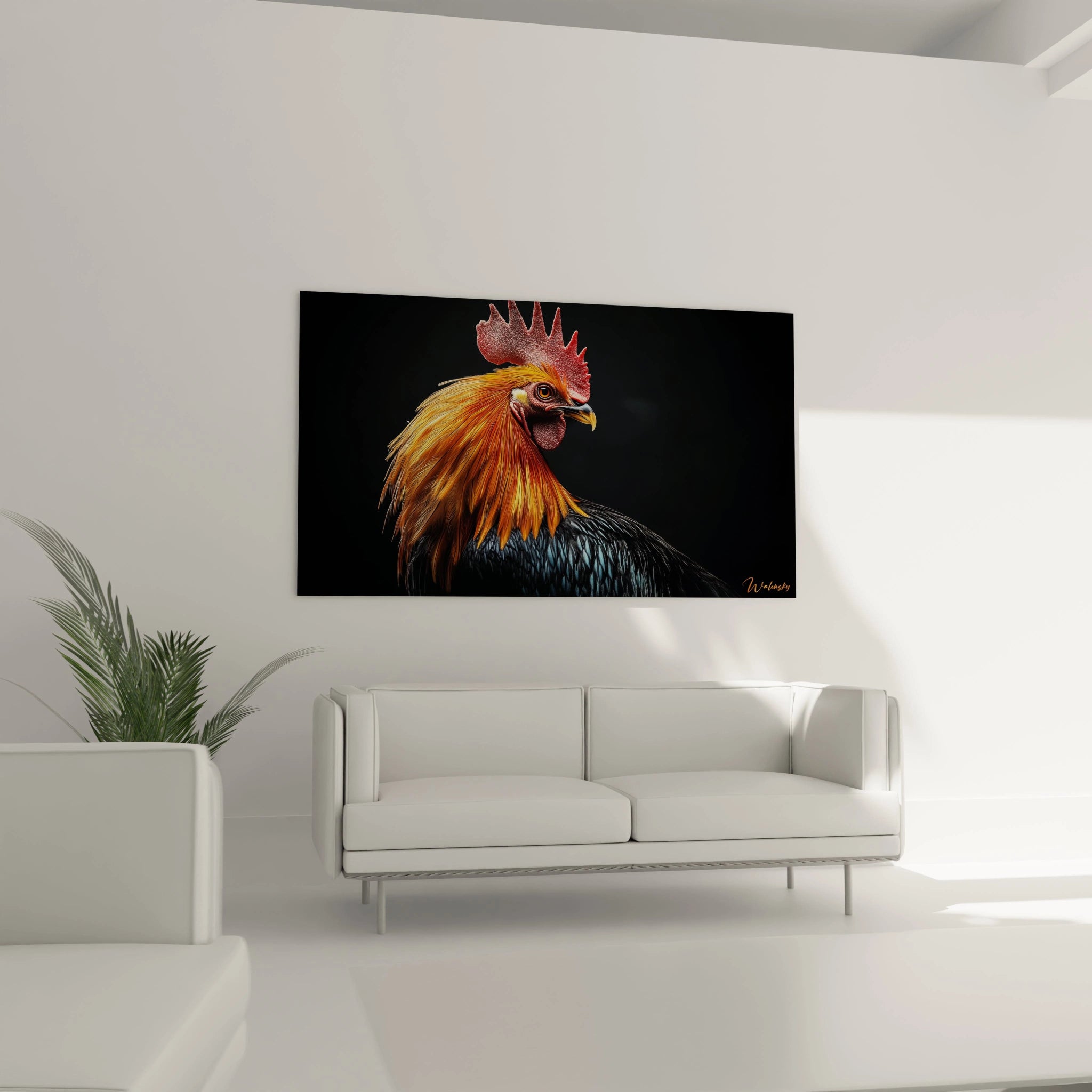 Un tableau artistique abstrait capturant un coq majestueux avec une crête rouge texturée, un plumage orange doré brillant formant une crinière autour du cou, et des plumes noires aux reflets bleutés, créant un fort contraste sur fond sombre.