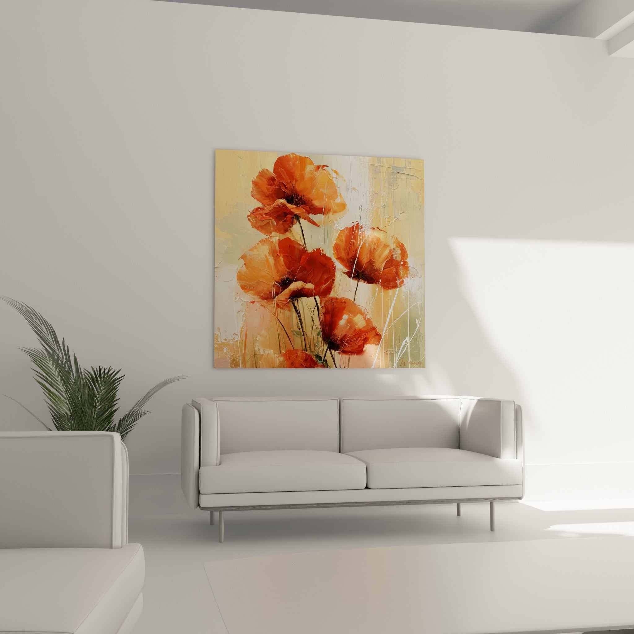 Fleurs de coquelicot orangé et anthracite disposées au-dessus d'un canapé dans un salon lumineux