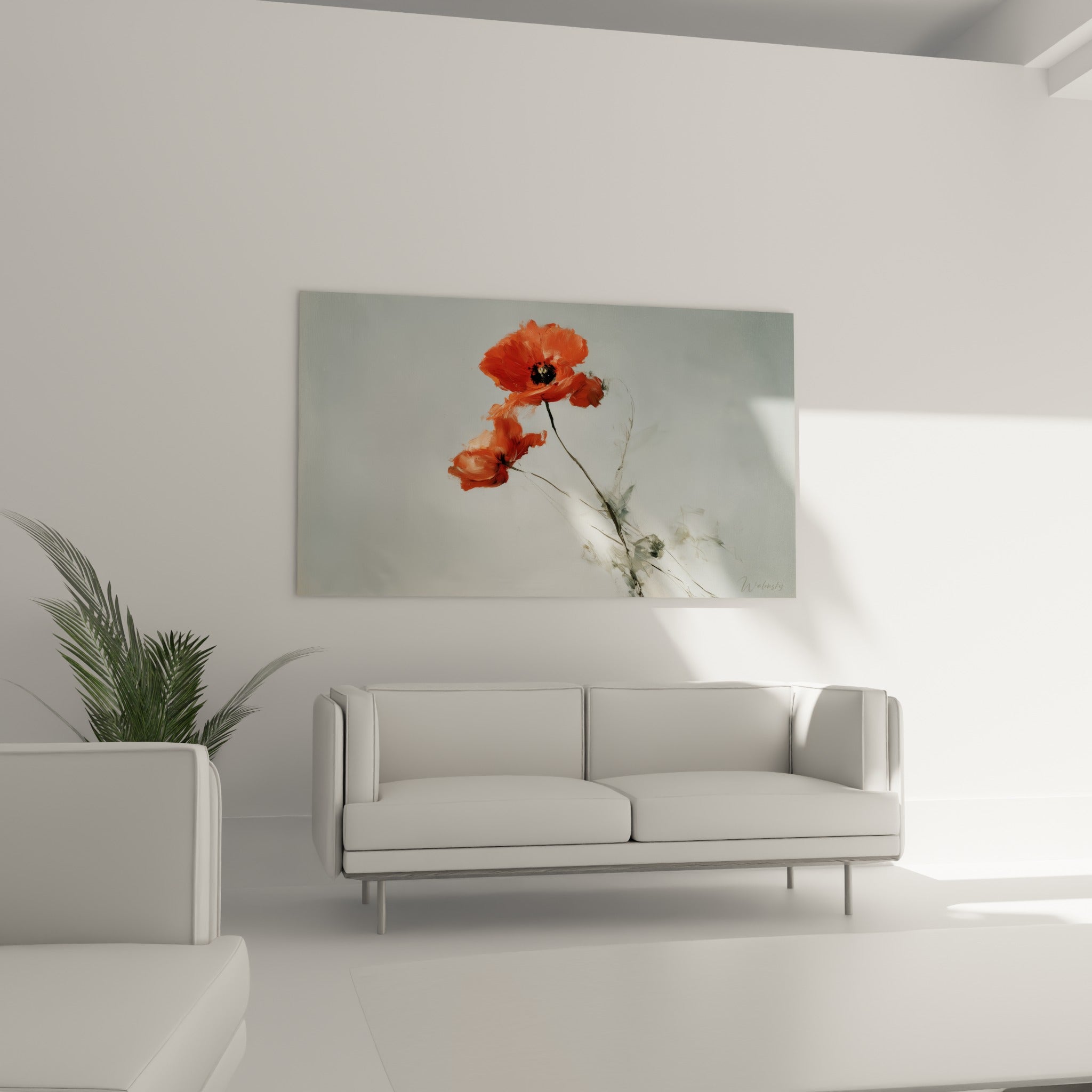 Pétales orangés du coquelicot se détachant sur fond anthracite, au-dessus d'un canapé dans un salon lumineux