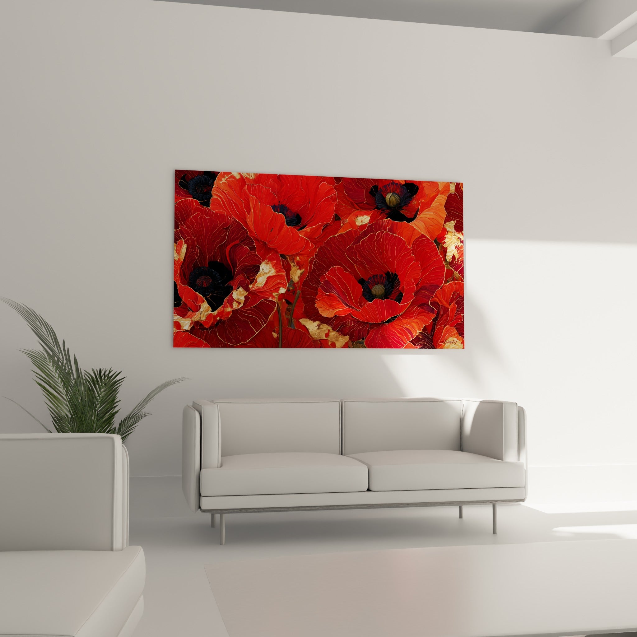 Fleurs bordeaux et dorées aux cœurs sombres accrochées au-dessus d'un canapé dans un salon lumineux