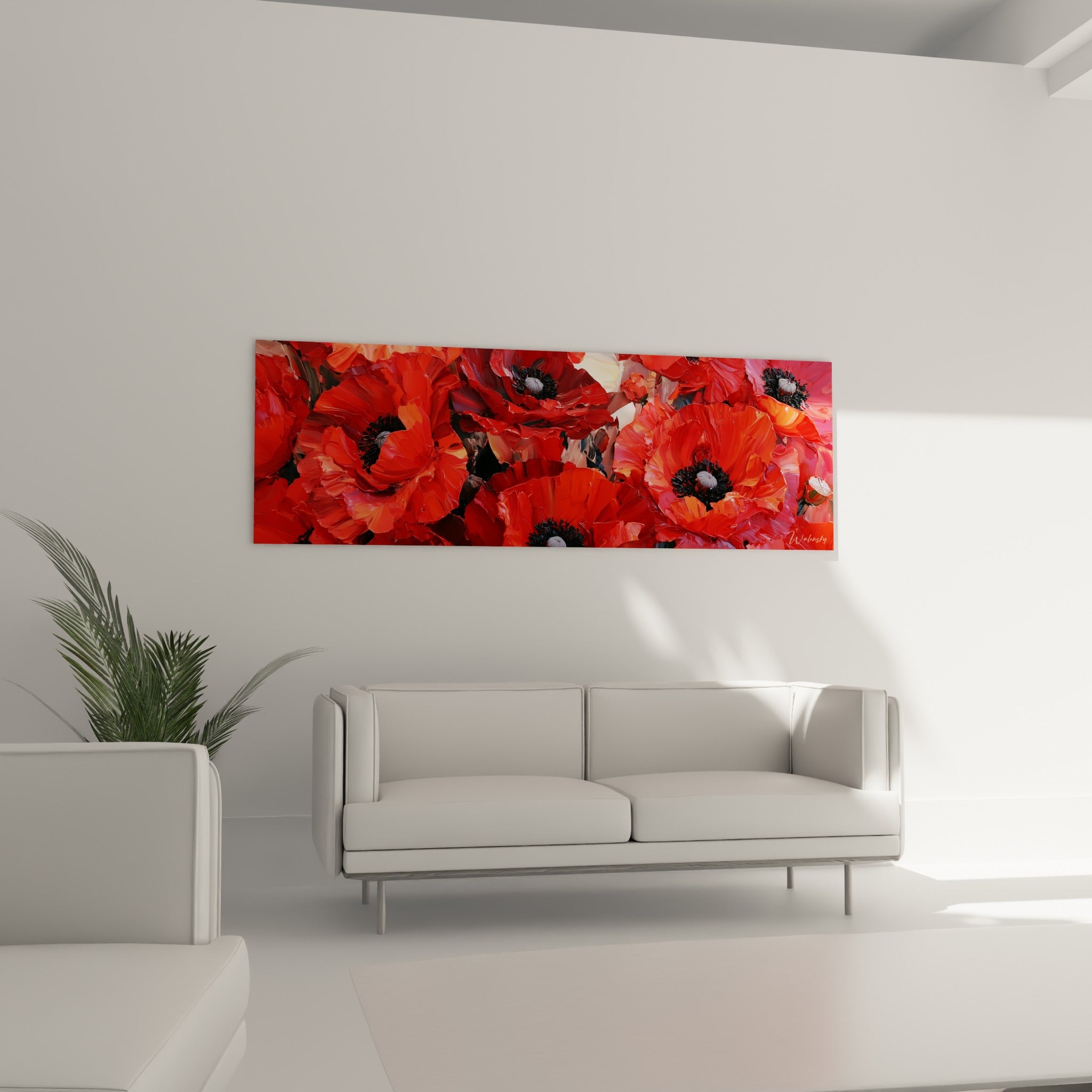 Fleurs de coquelicot rouge et anthracite disposées au-dessus d'un canapé dans un salon lumineux