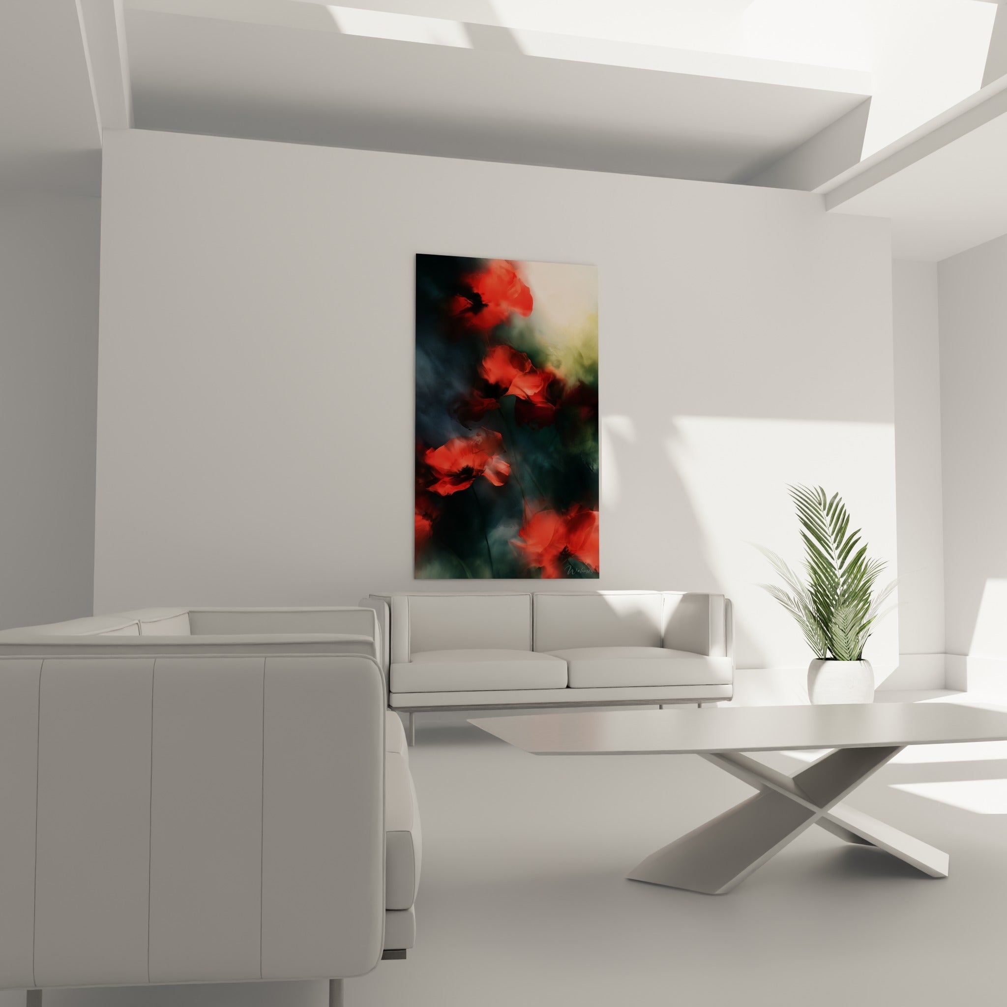 Pétales rouges de coquelicot contrastant avec un fond anthracite au-dessus d'un canapé dans un salon lumineux