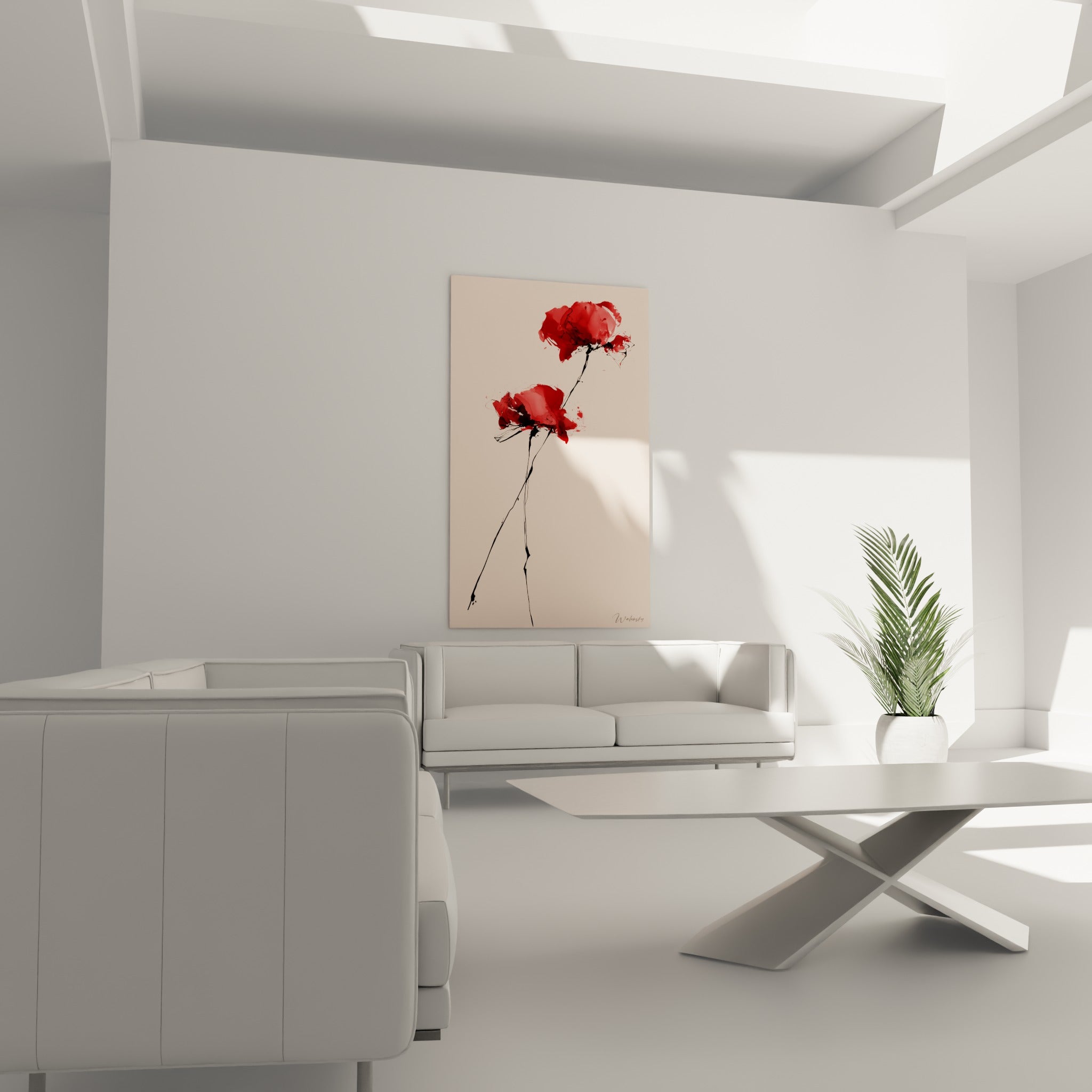 Fleurs de coquelicot rouge vif et rose sur fond poudré, au-dessus d'un canapé dans un salon lumineux