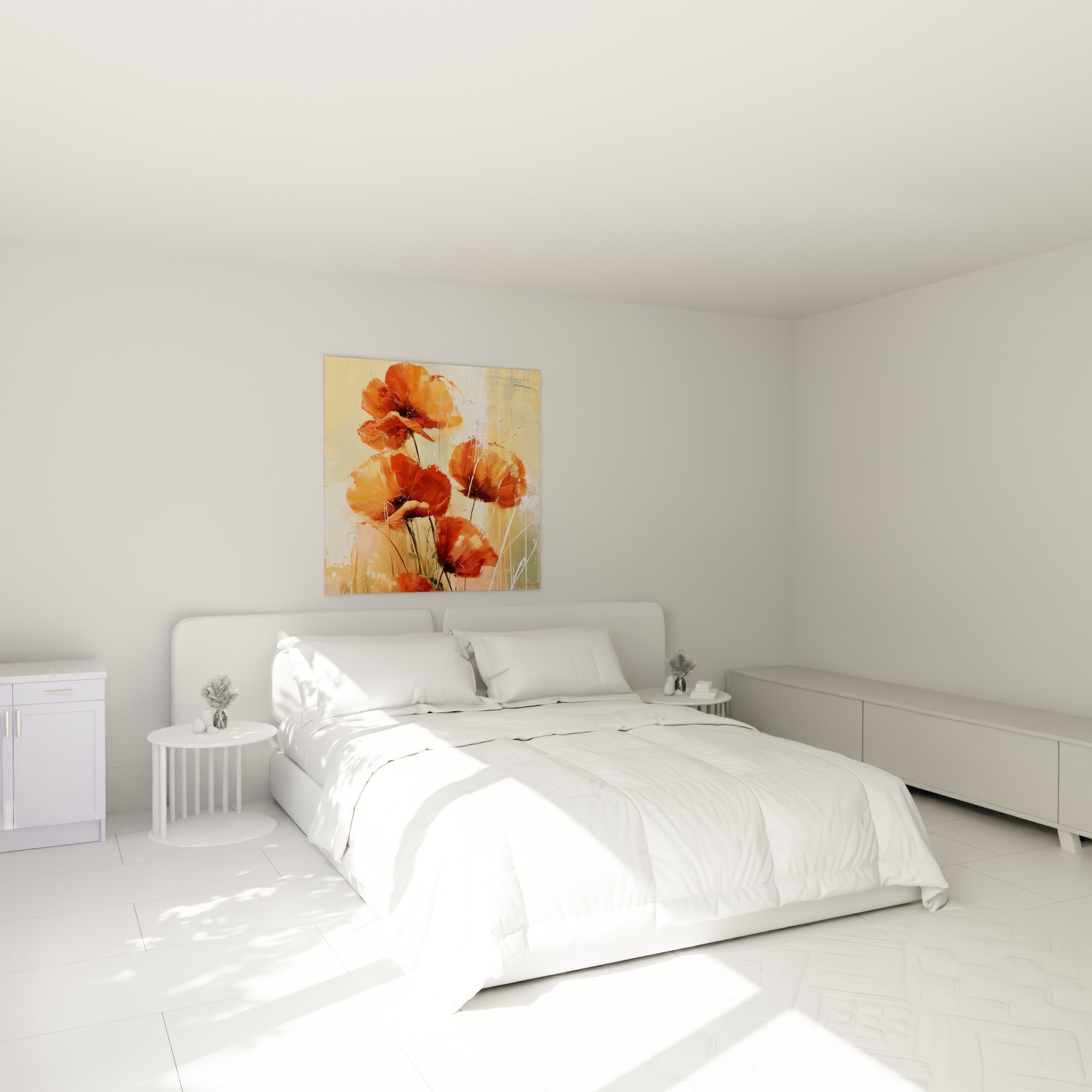 Bouquet de coquelicots rouge brique et beige au-dessus d'un lit dans une chambre claire