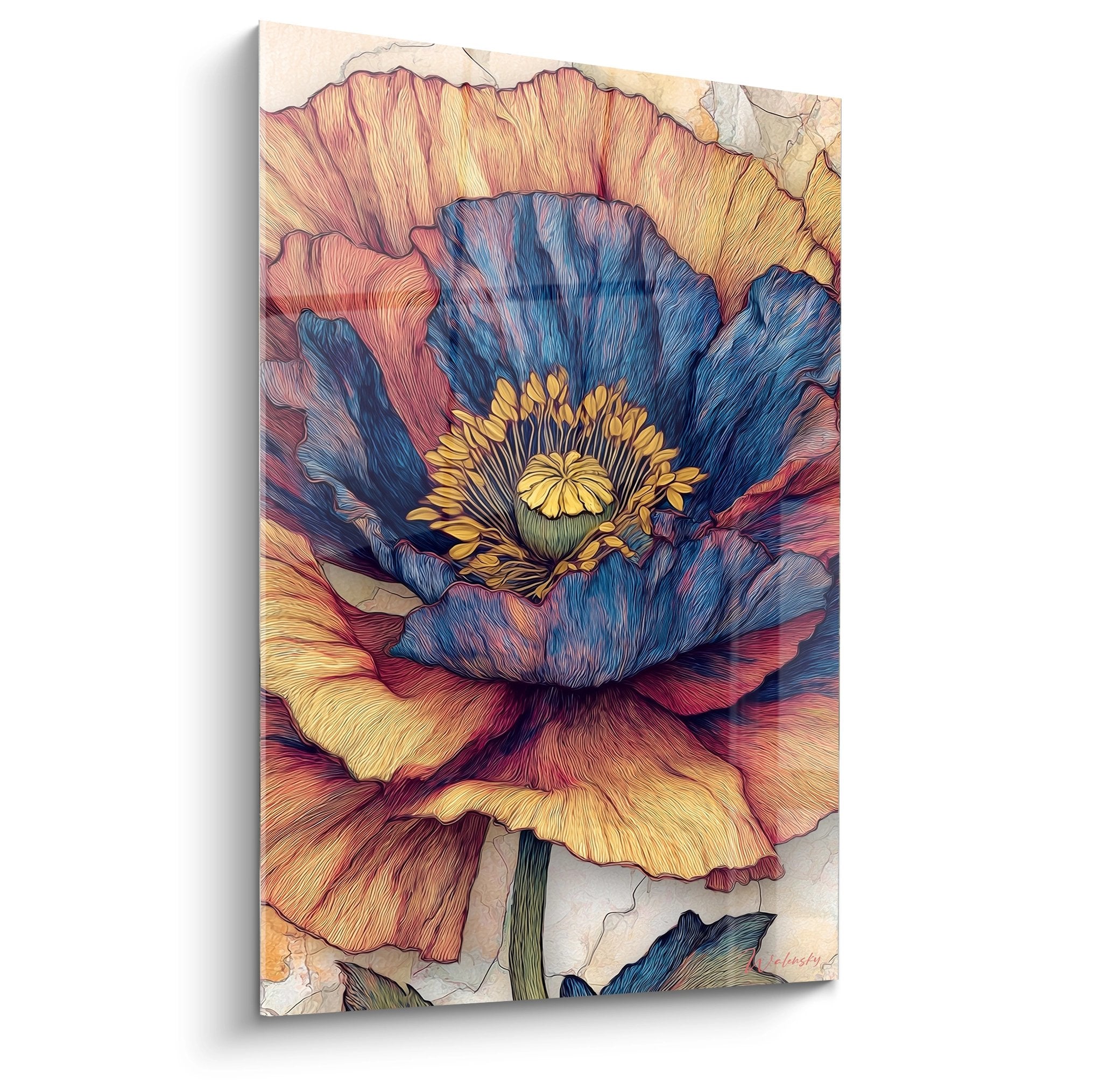 blue poppy painting orange gold contemporary floral art detailed petals gold stamens parchment background