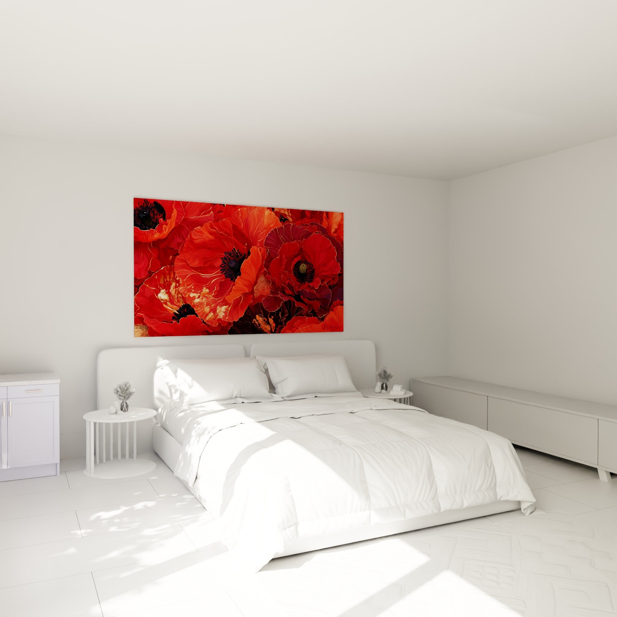 Pétales rouges et bordeaux de coquelicots aux nervures dorées, au-dessus d'un lit dans une chambre claire