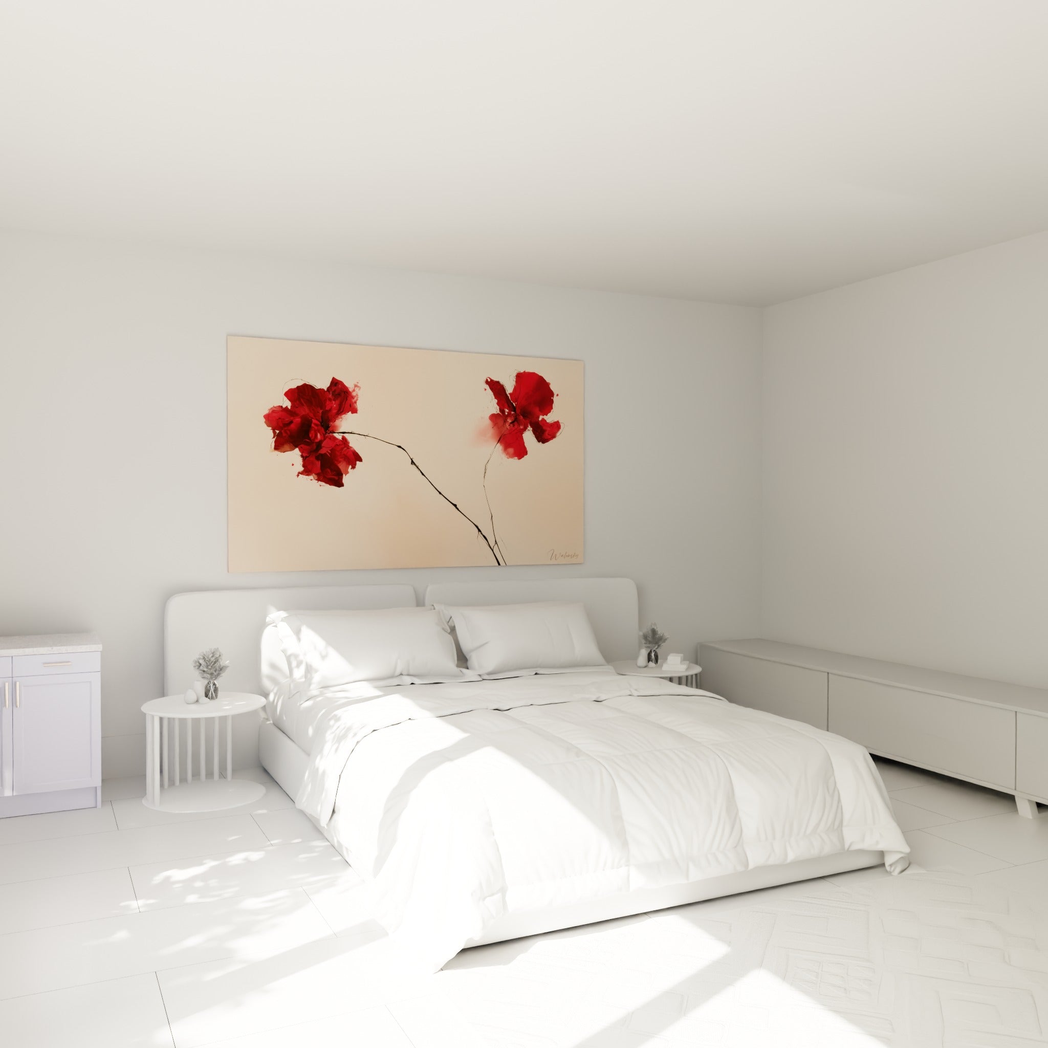 Fleurs de coquelicot rouge vif et bordeaux accrochées au-dessus d'un lit dans une chambre claire