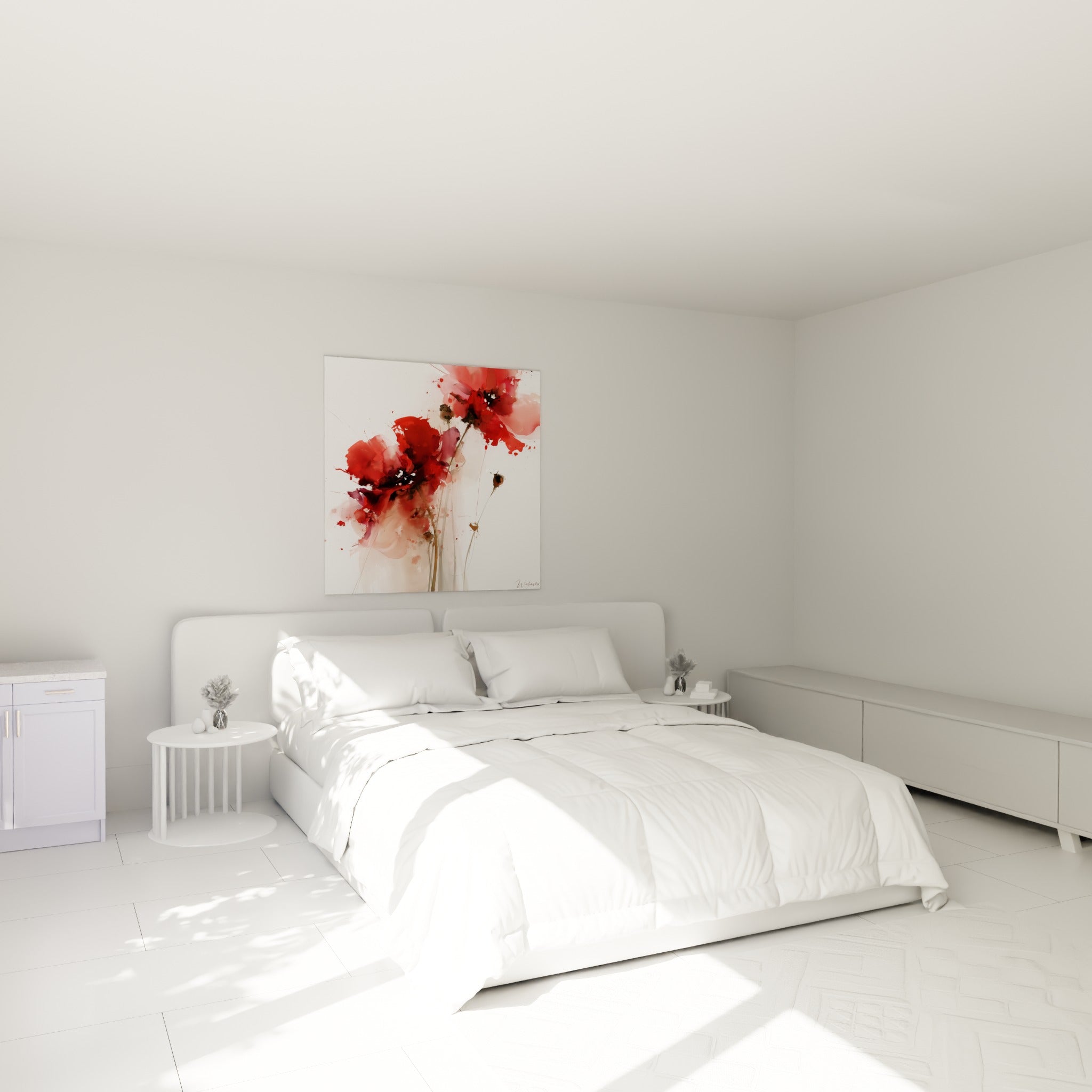 Fleurs de coquelicot rouge vif et bordeaux à l'encre libre au-dessus d'un lit dans une chambre claire