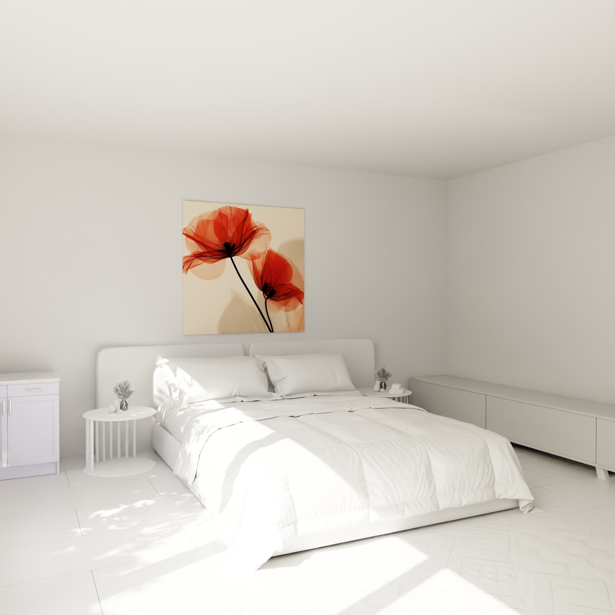 Fleurs de coquelicot rouge et bordeaux vaporeuses accrochées au-dessus d'un lit dans une chambre claire