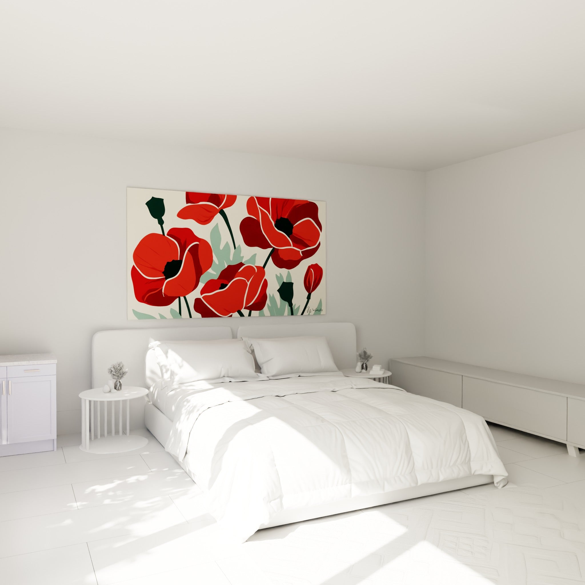 Fleurs de coquelicot rouge vif et vert sauge accrochées au-dessus d'un lit dans une chambre claire