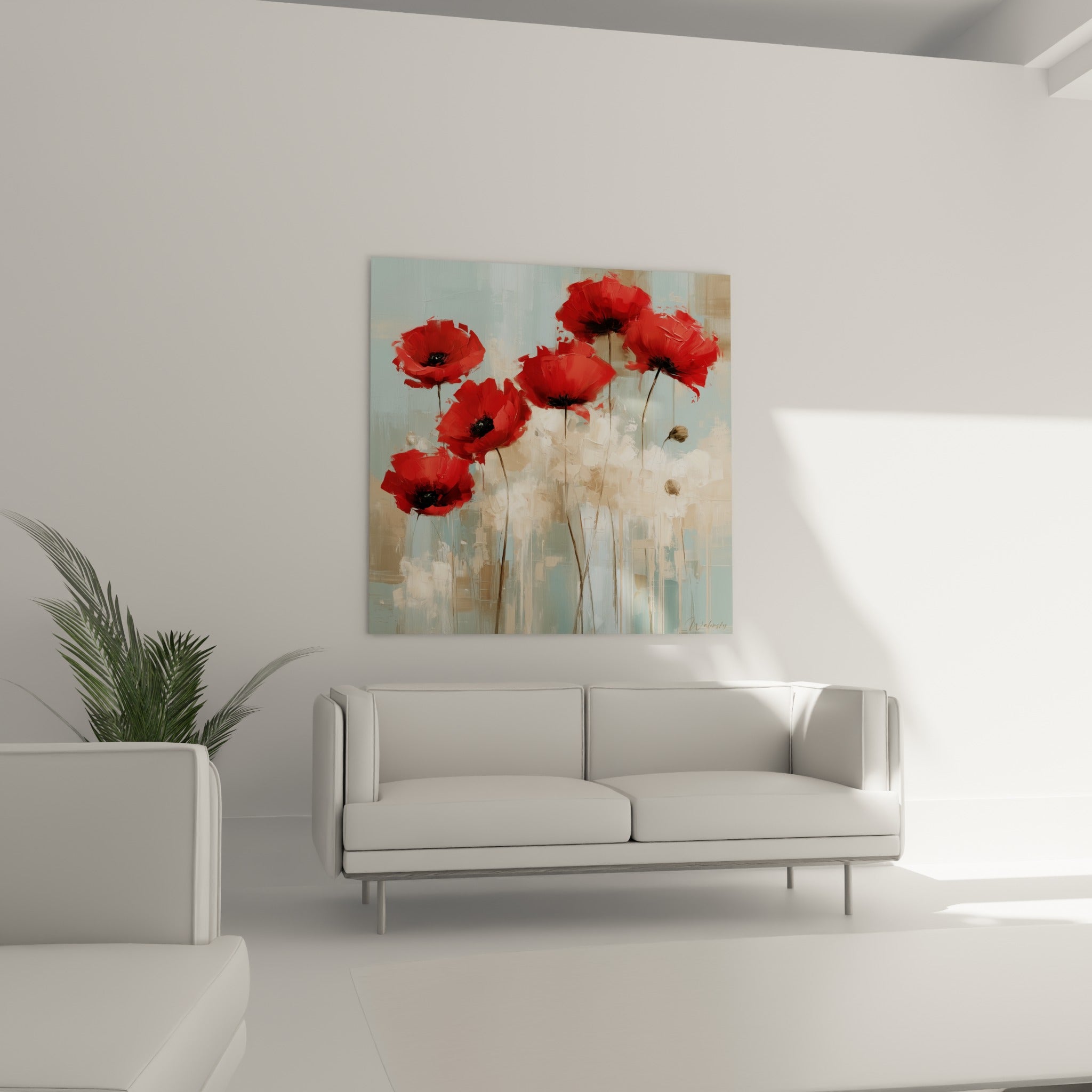 Bouquet de coquelicots écarlates sur fond beige et bleu pastel au-dessus d'un canapé dans un salon lumineux