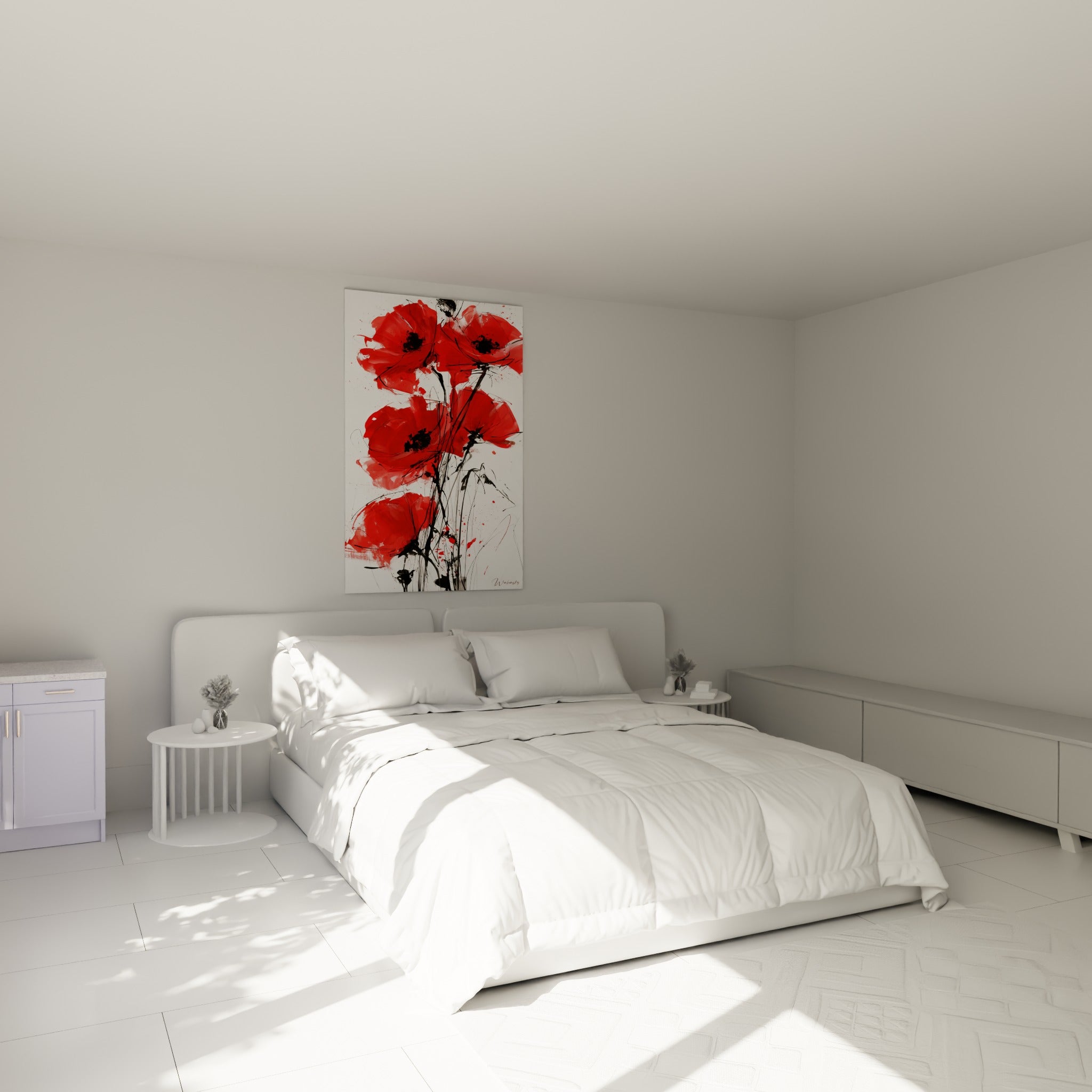 Bouquet de coquelicots rouge et noir accroché au-dessus d'un lit dans une chambre claire