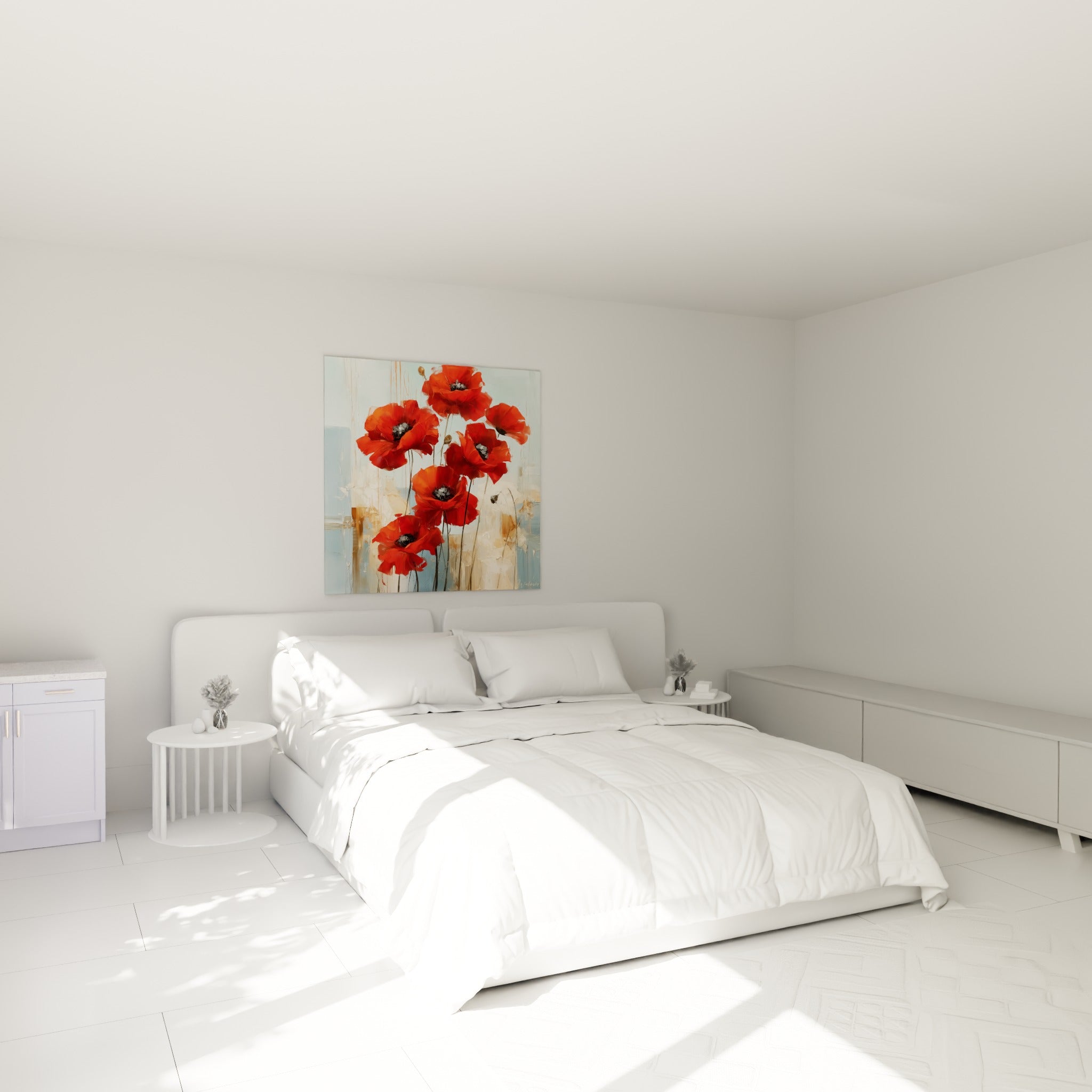 Bouquet de coquelicots rouges et tiges fines suspendu au-dessus d'un lit dans une chambre claire