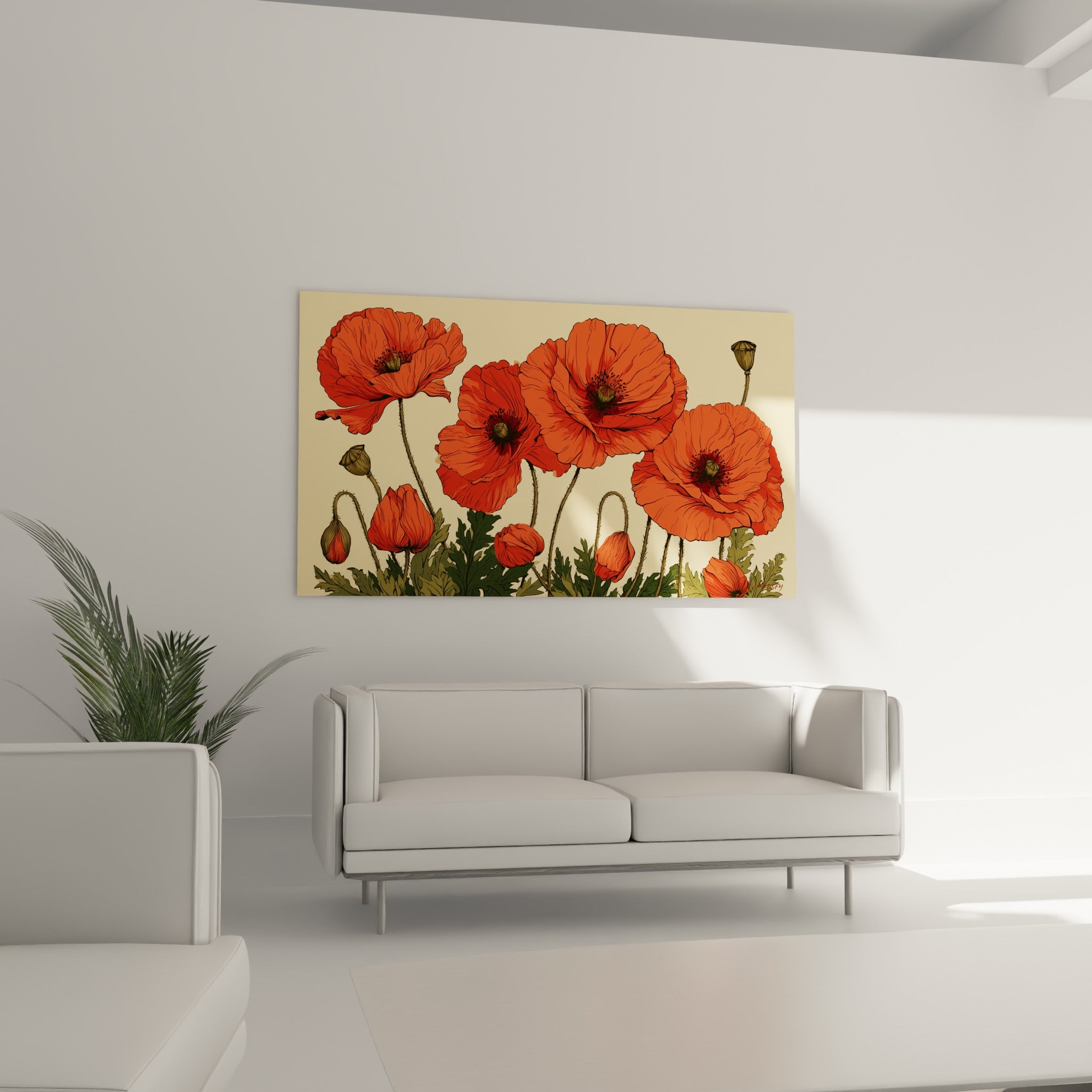 Fleurs de coquelicot rouge et boutons kaki dessinés au trait, au-dessus d'un canapé dans un salon lumineux