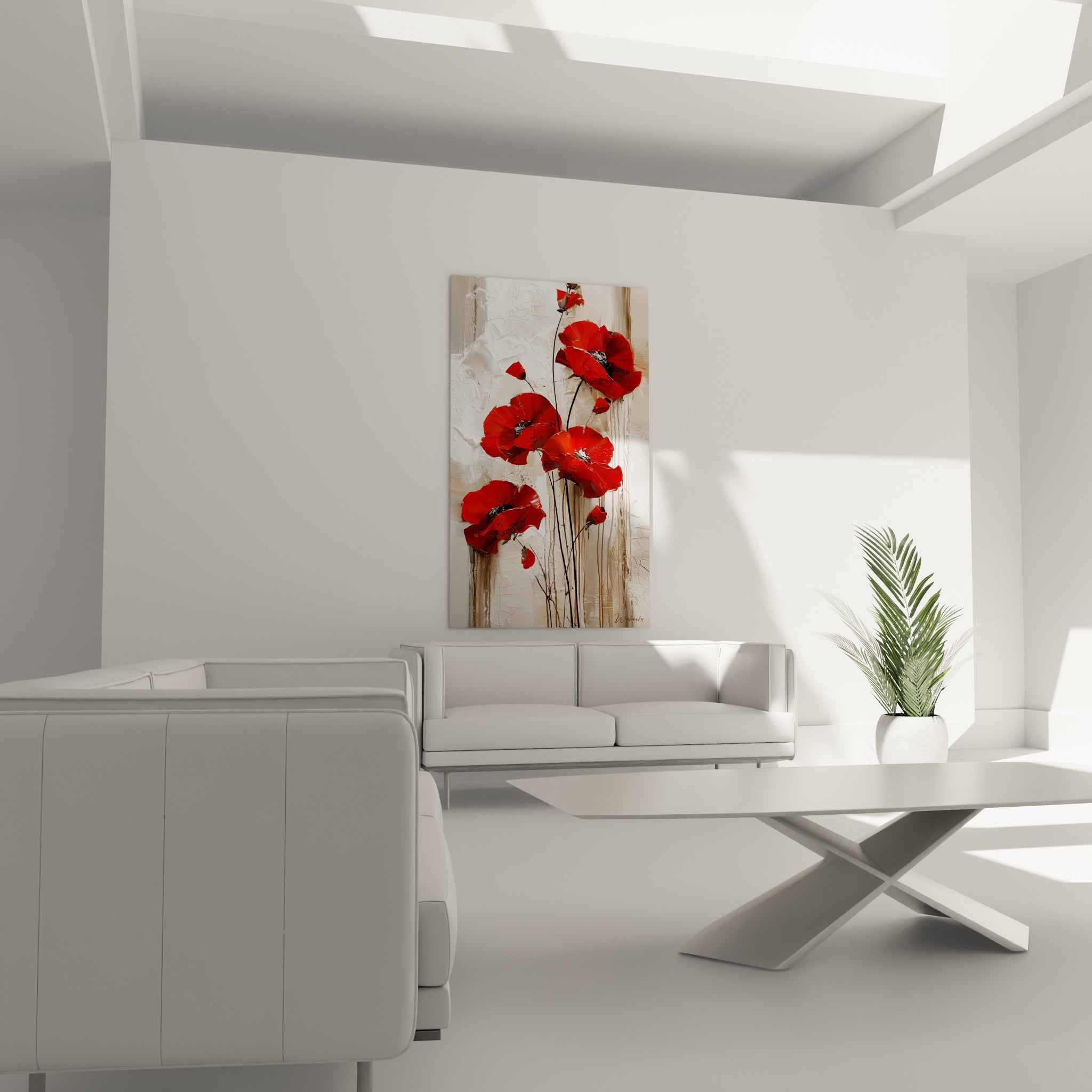 Fleurs de coquelicot rouge vif et tiges noires au-dessus d'un canapé dans un salon lumineux
