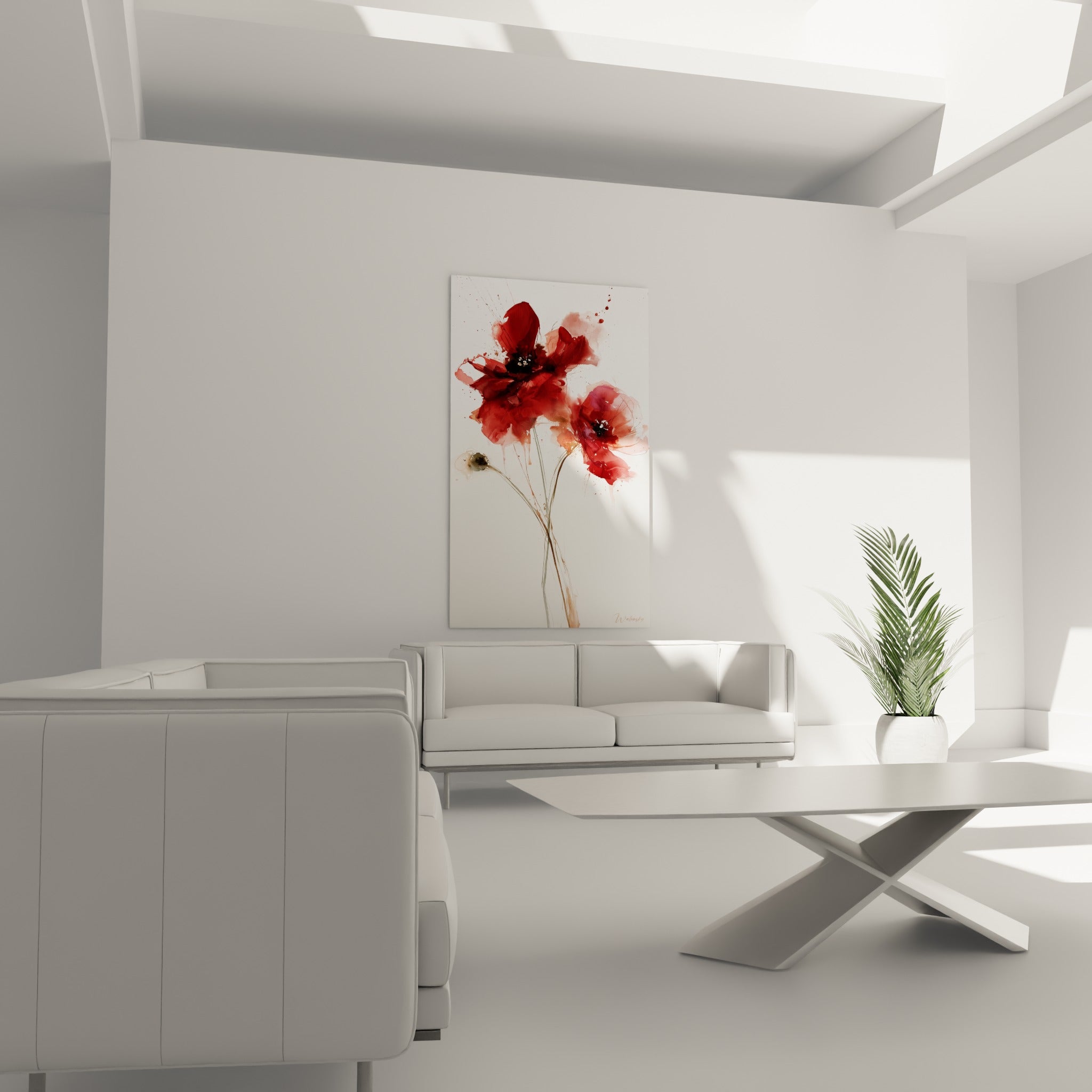 Fleurs de coquelicot rouge intense et pétales roses sur fond blanc, disposées au-dessus d'un canapé dans un salon lumineux