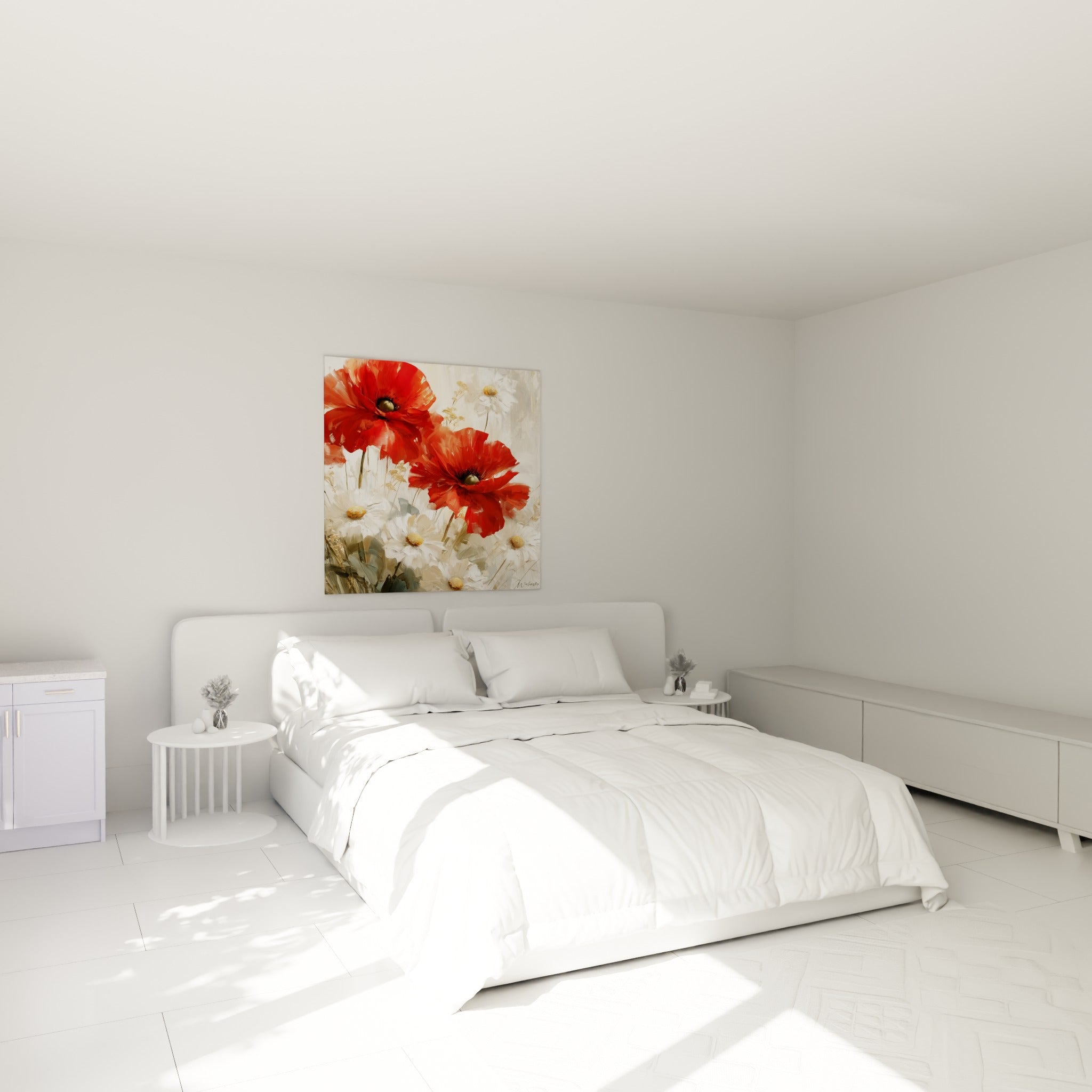 Fleurs de coquelicot rouge et blanc crème accrochées au-dessus d'un lit dans une chambre claire