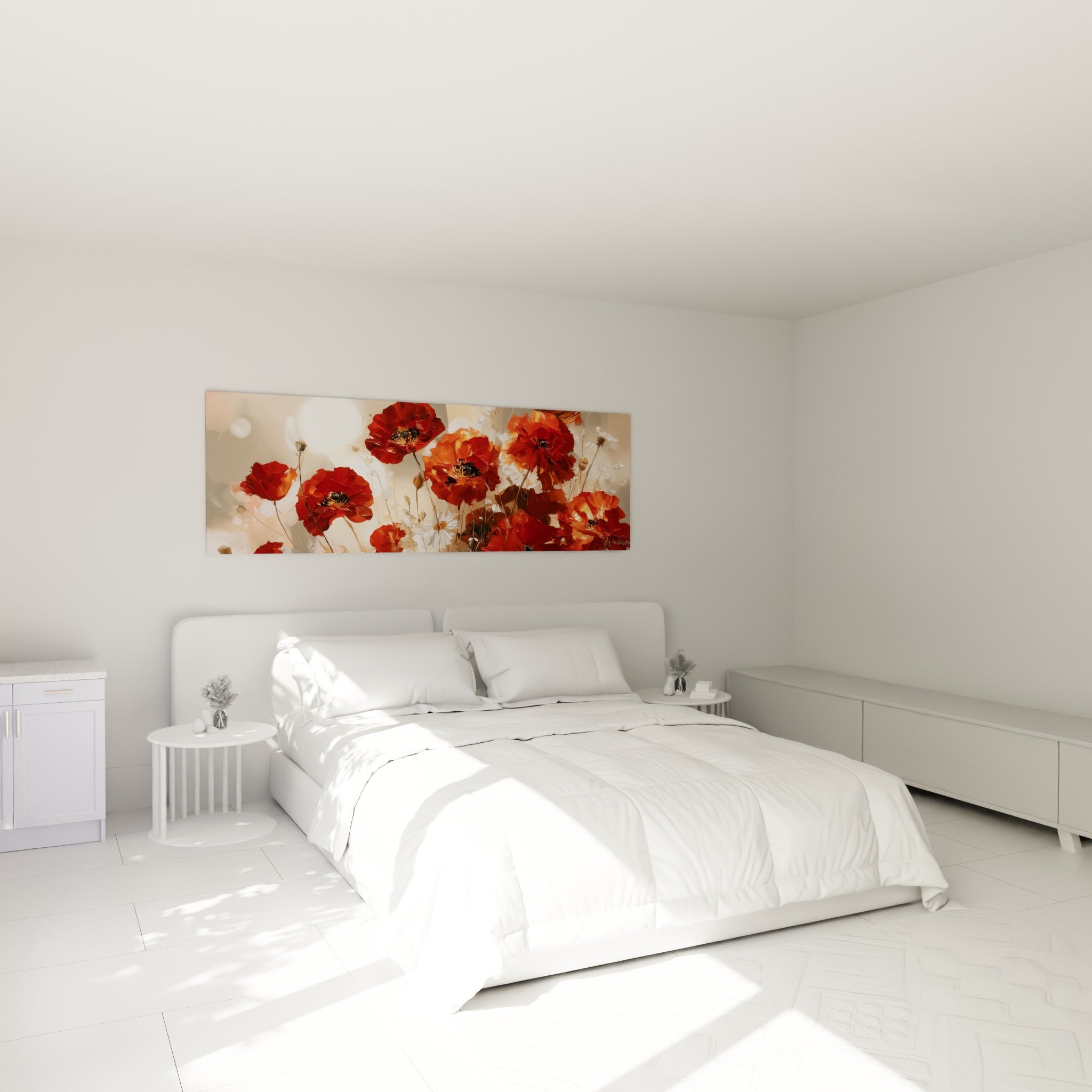 Bouquet de coquelicots rouges et marguerites blanches au-dessus d'un lit dans une chambre claire