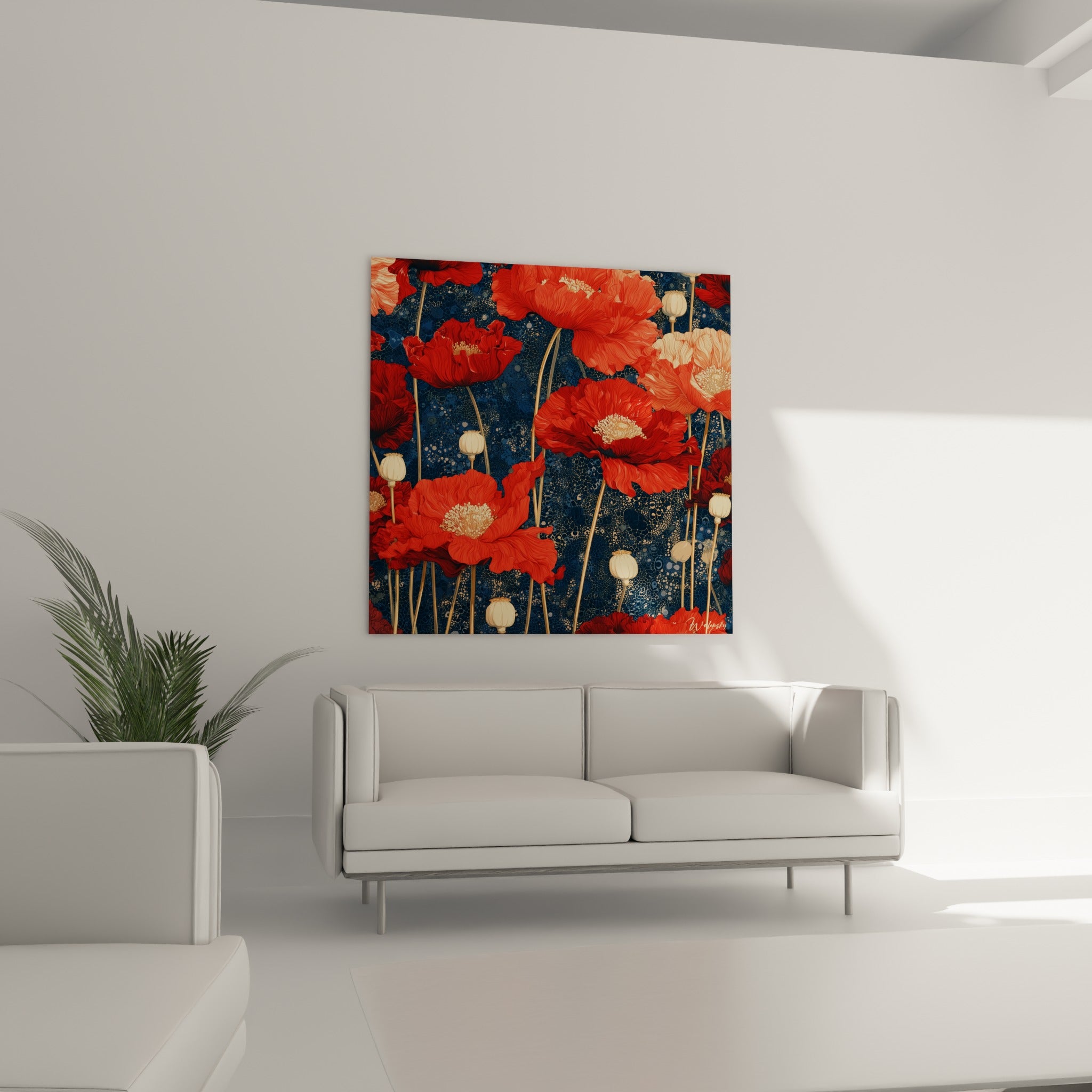 Pétales rouges et cœurs dorés de coquelicot en fleur au-dessus d'un canapé dans un salon lumineux