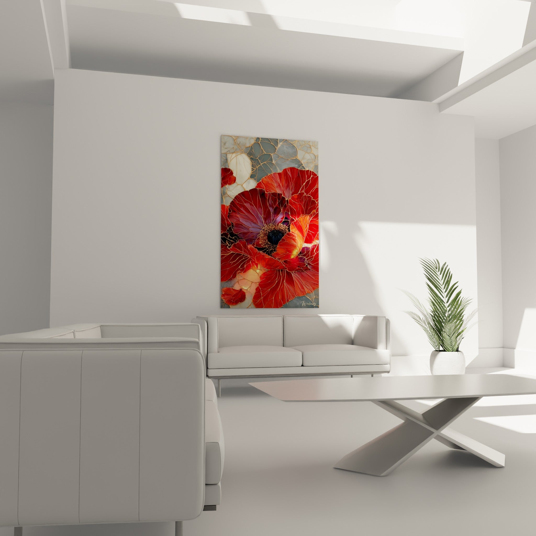 Cœur noir et étamines dorées du coquelicot rouge au-dessus d'un canapé dans un salon lumineux