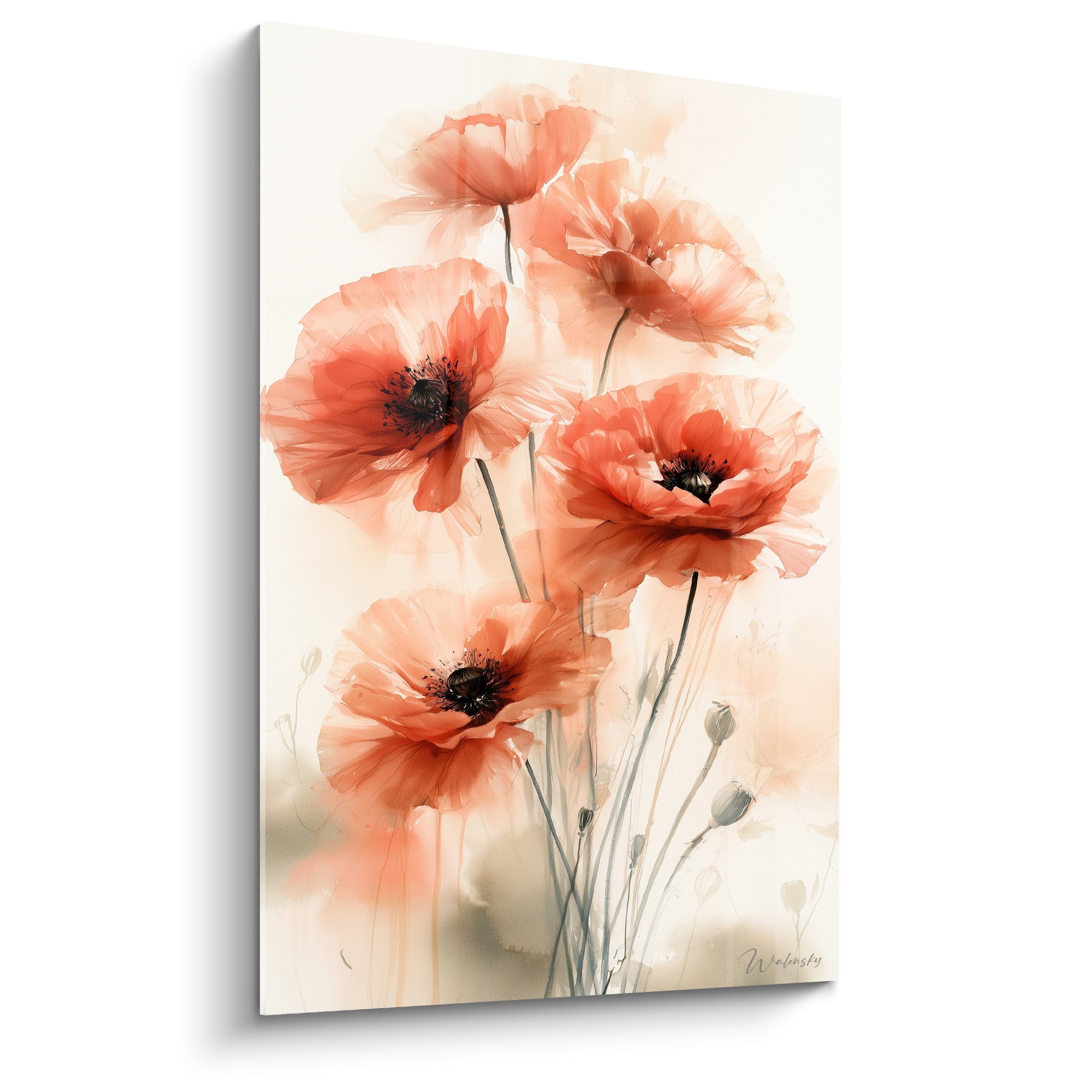 Coquelicots corail aux cœurs sombres se déploient sur fond ivoire, style aquarelle délicat et lumineux