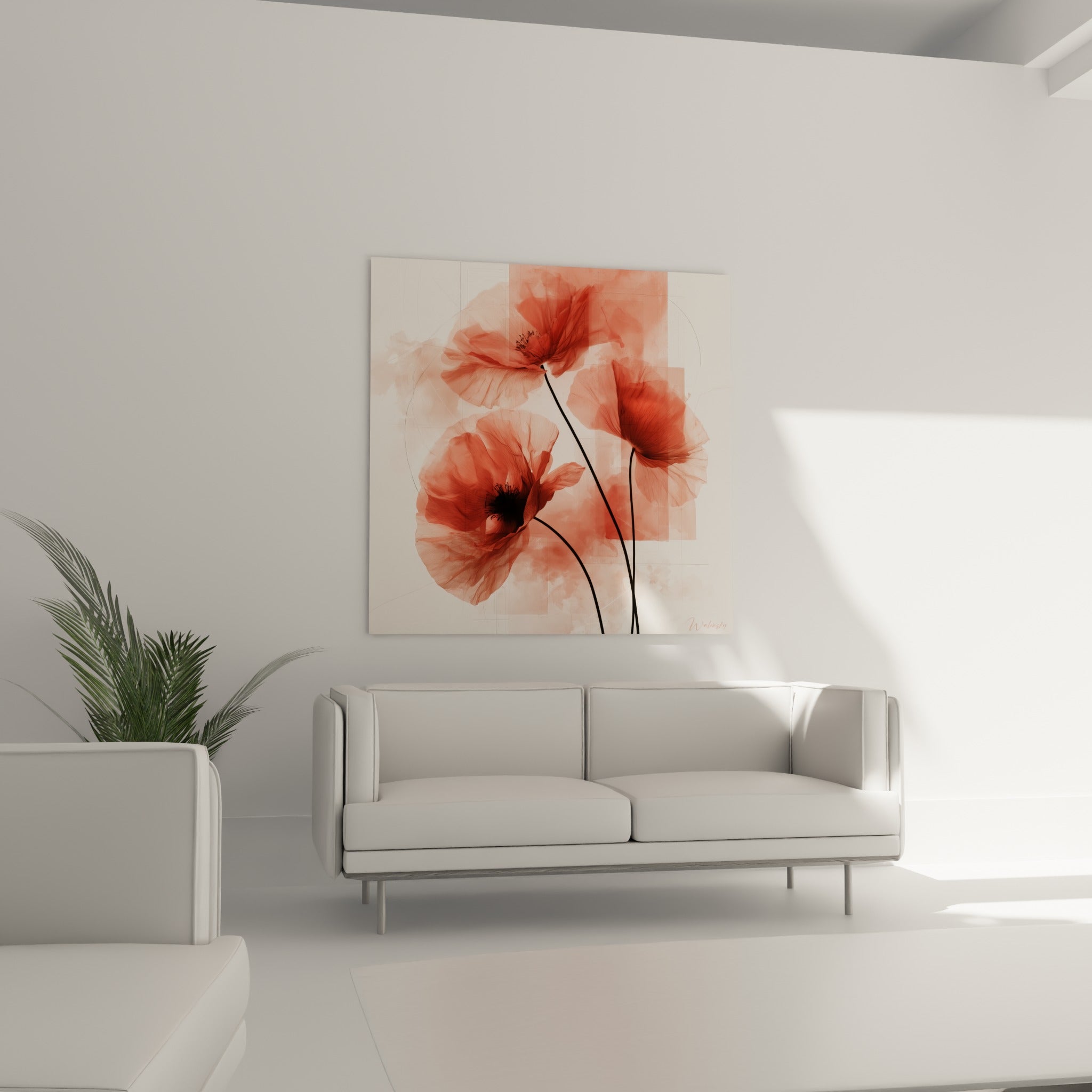 Pétales de coquelicot corail et ivoire aux nervures fines, disposés au-dessus d'un canapé dans un salon lumineux