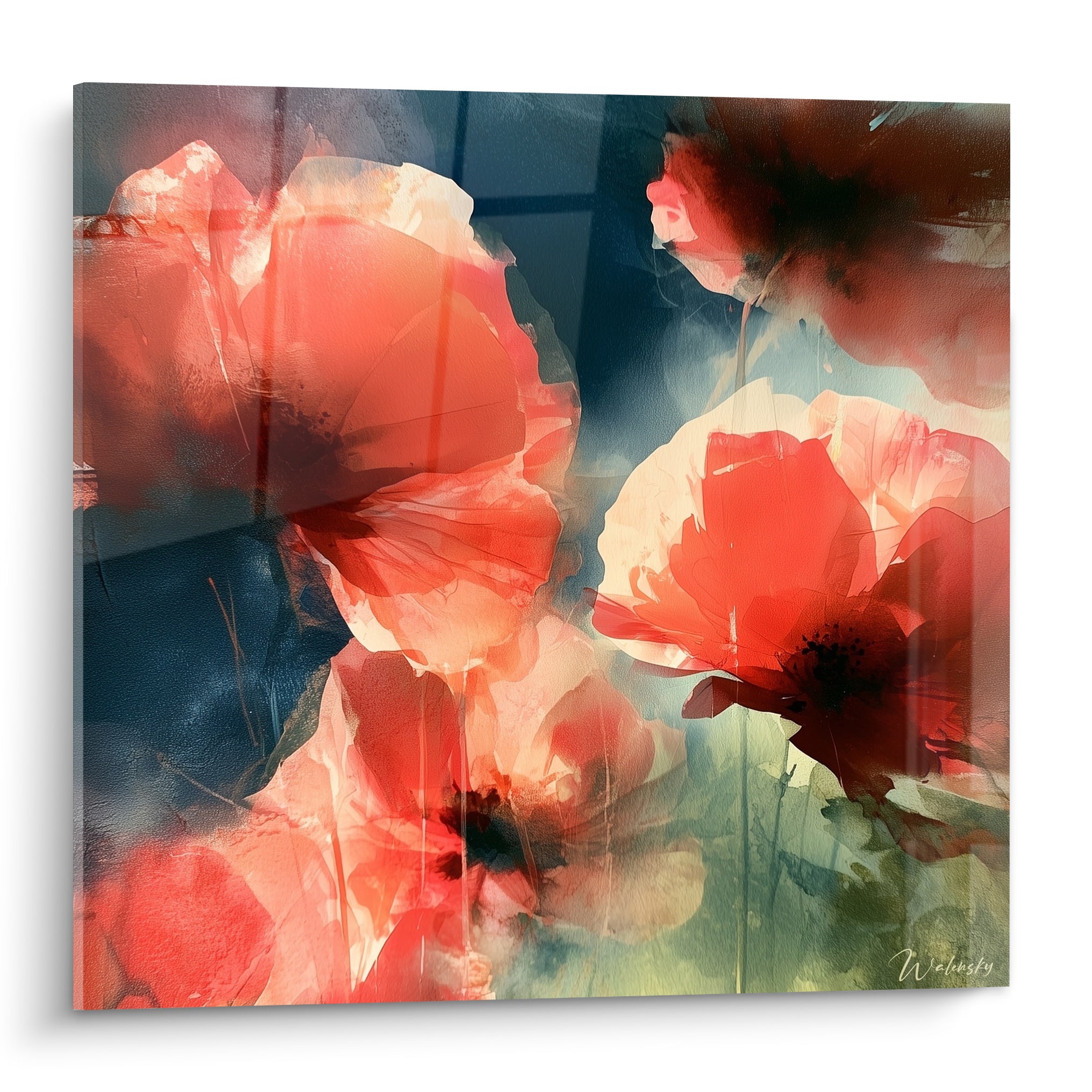 Coquelicots corail et roses aux cœurs sombres se détachant sur un fond bleu nuit texturé