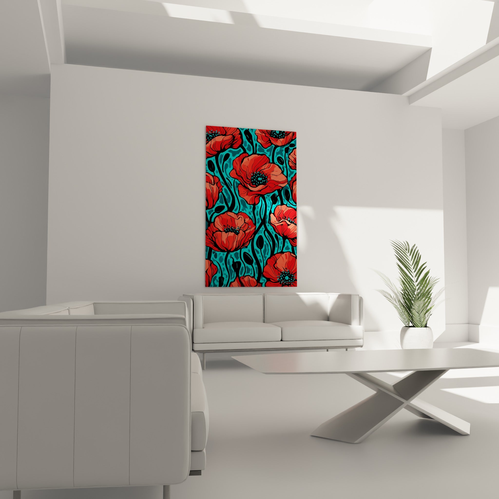 Pétales de coquelicot rouge vif et fond turquoise sarcelle disposés au-dessus d'un canapé dans un salon lumineux