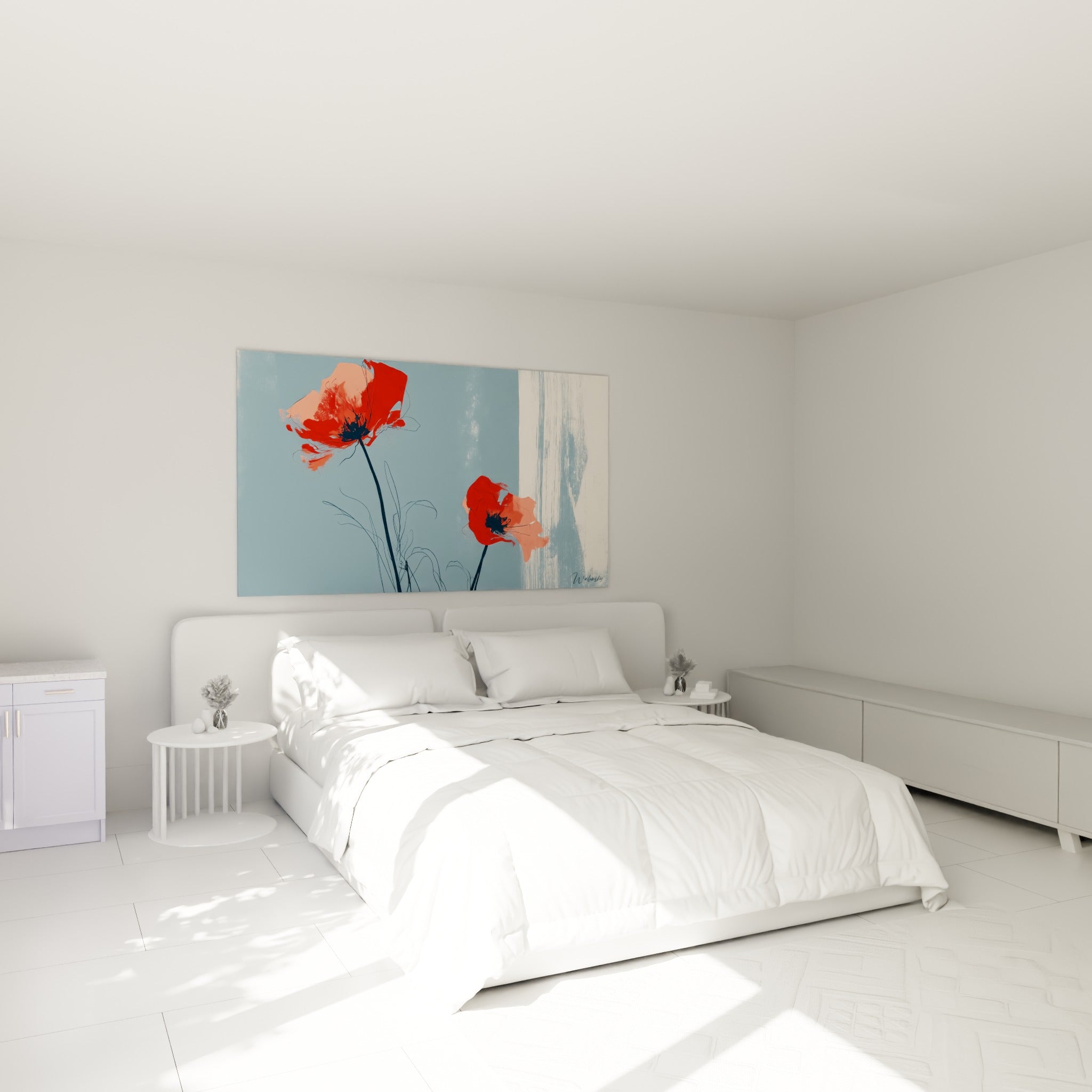 Coquelicots corail et bleu marine aux tiges filiformes, accrochés au-dessus d'un lit dans une chambre claire