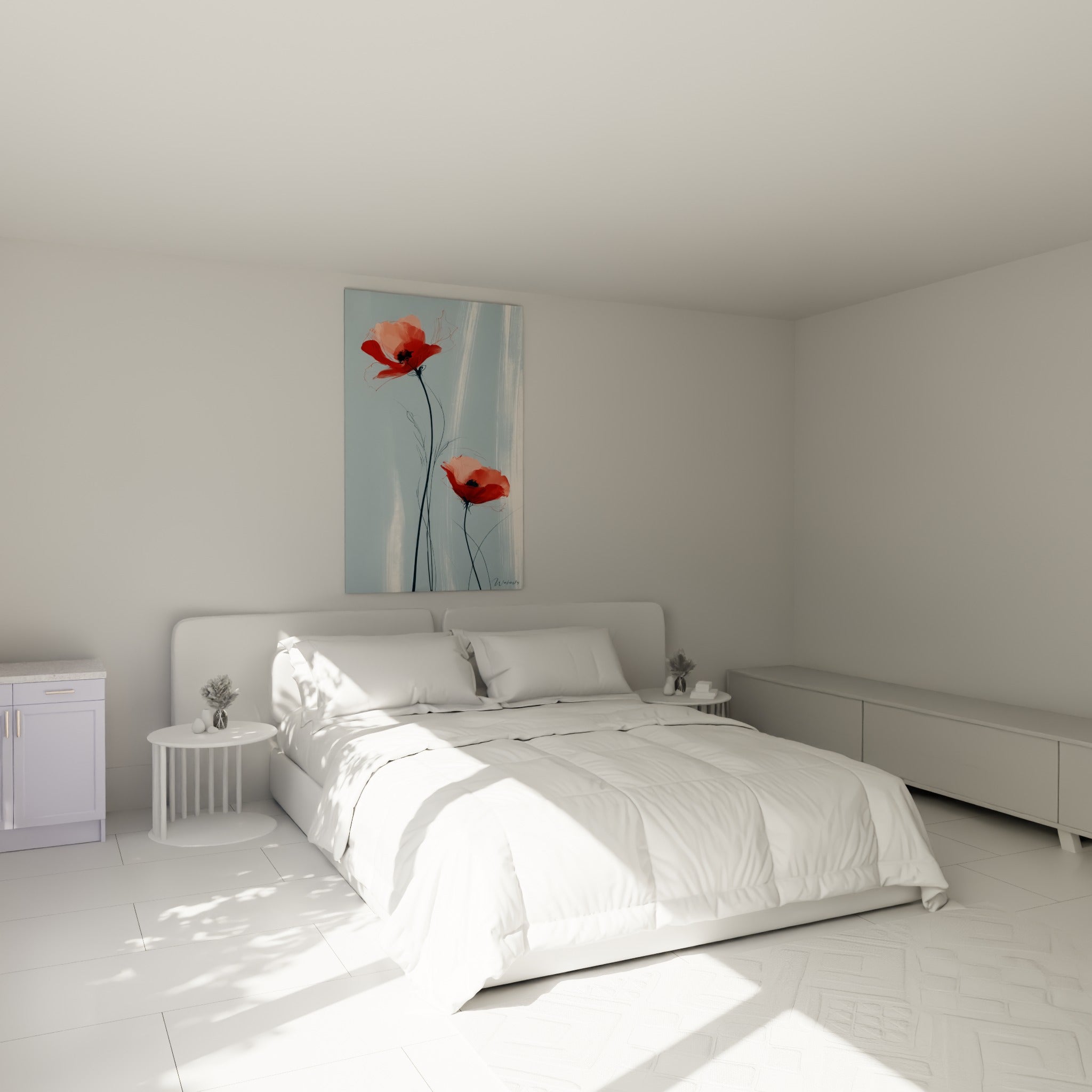 Fleurs de coquelicot rouge et corail au-dessus d'un lit dans une chambre claire