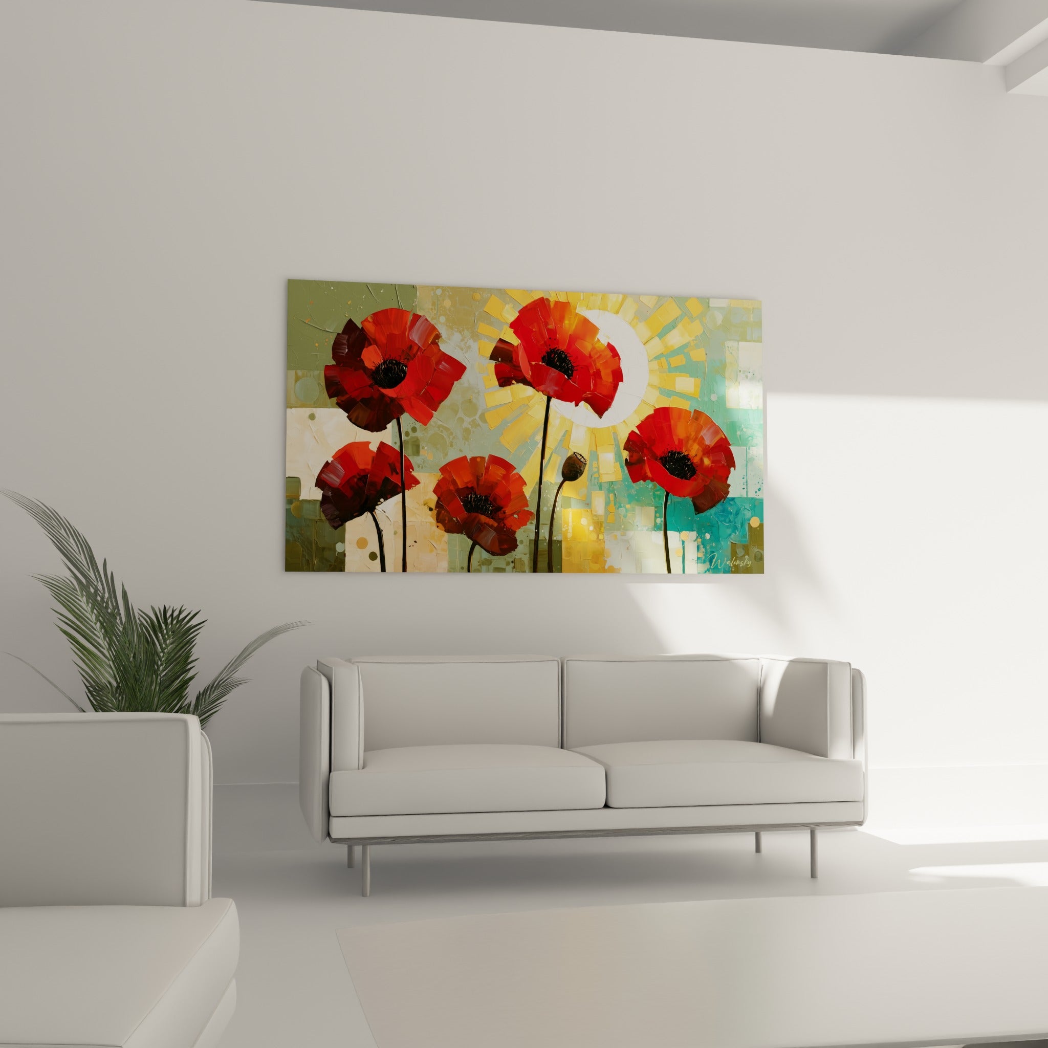 Pétales rouge vermillon et halo doré du coquelicot au-dessus d'un canapé dans un salon lumineux