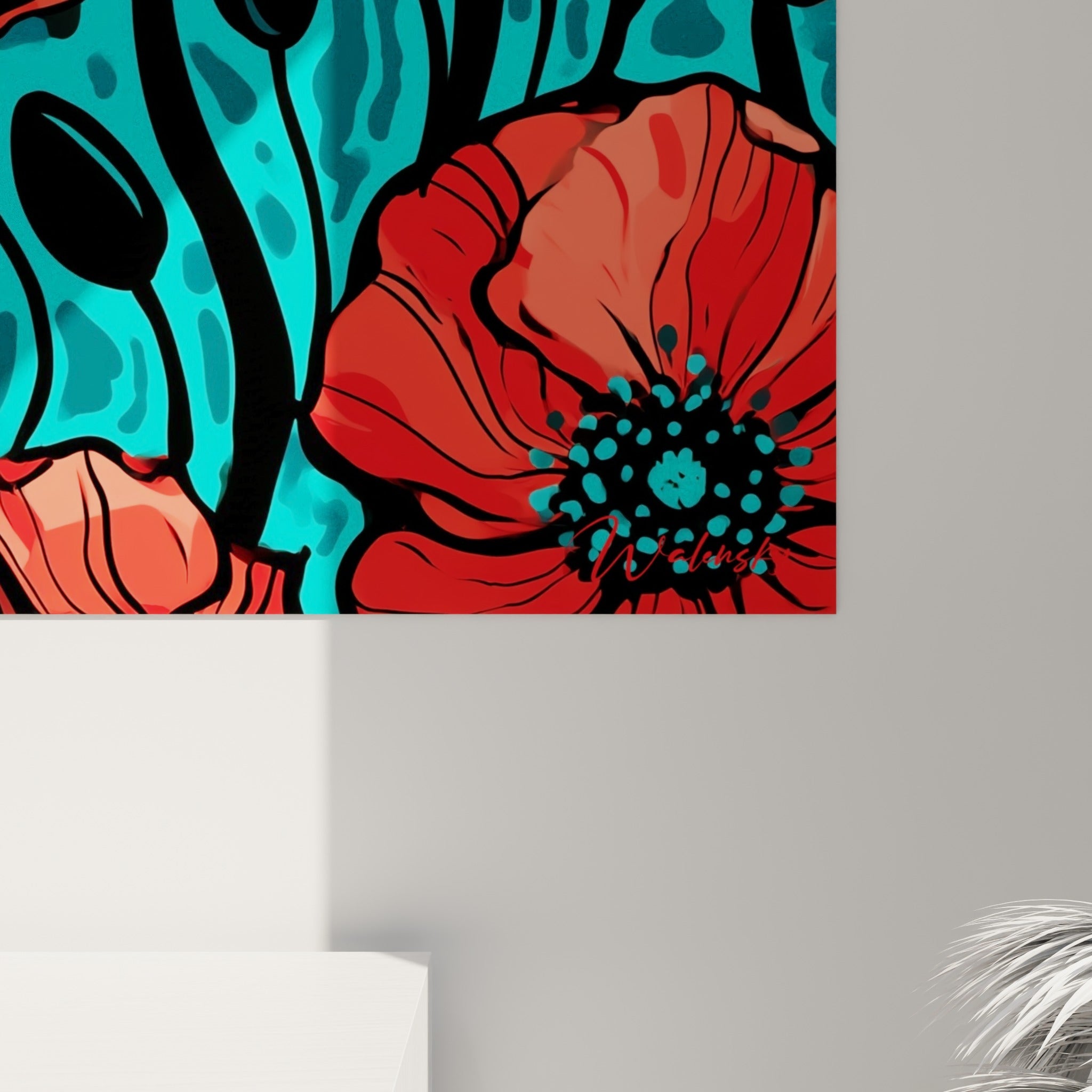 Détail des empâtements noirs et rouge coquelicot, grain visible entre les touches turquoise et corail
