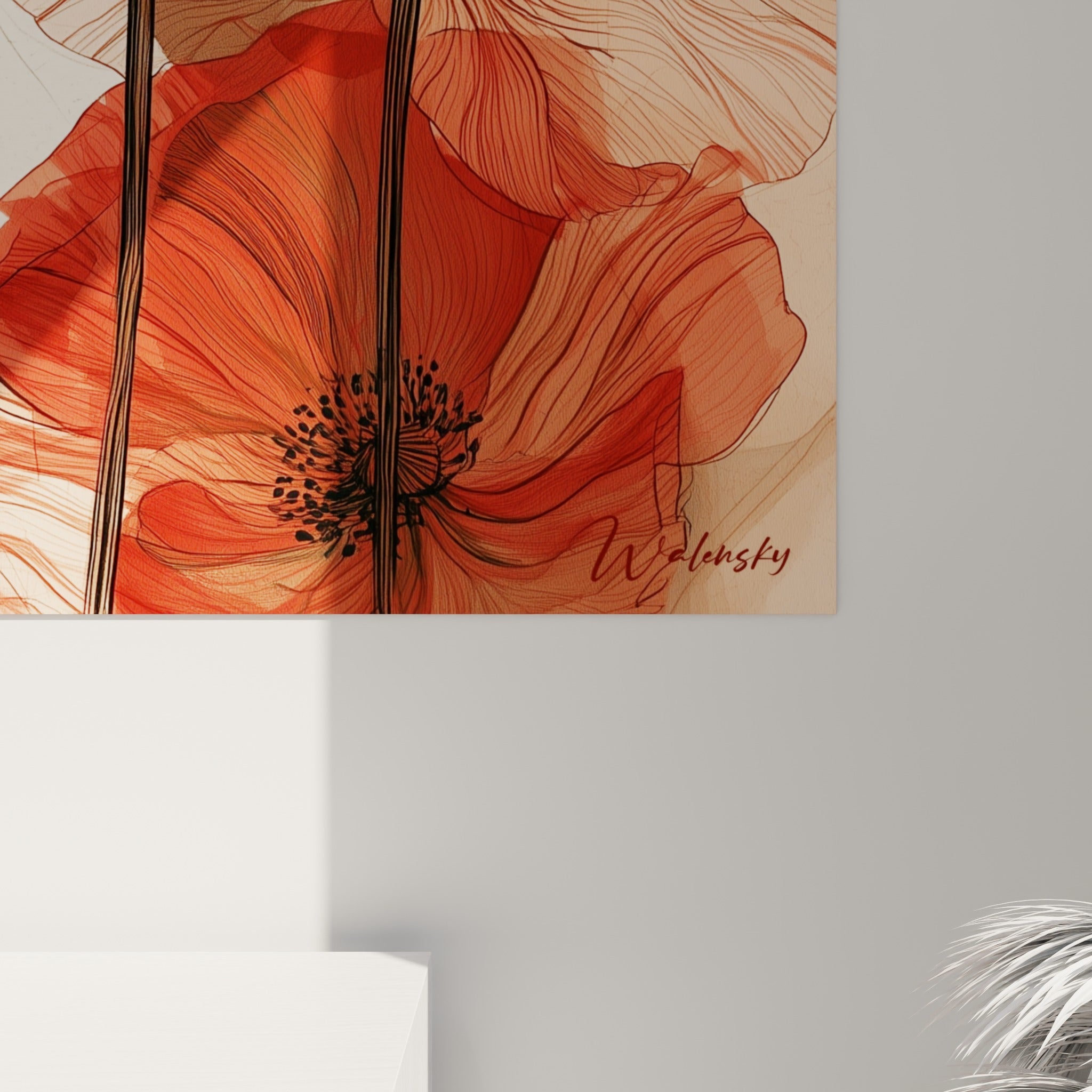 Détail du tableau Coquelicot : traits fins à l'encre et pétales rouges au grain visible de l'impression