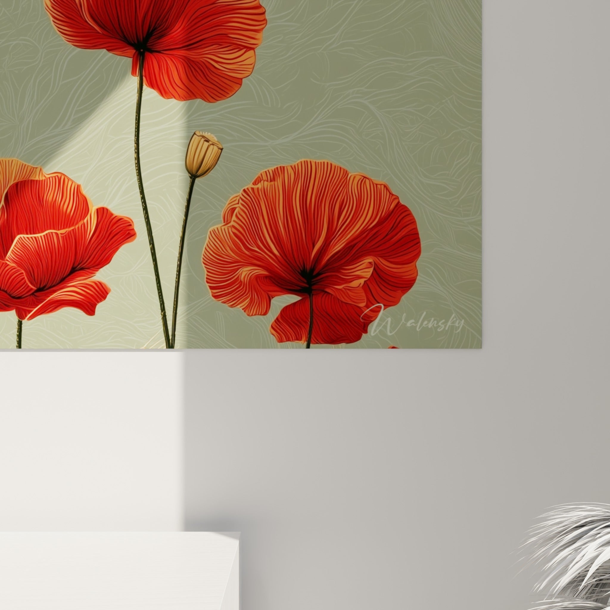 Détail des pétales de coquelicot rouge et des nervures dorées finement tracées sur fond vert sauge