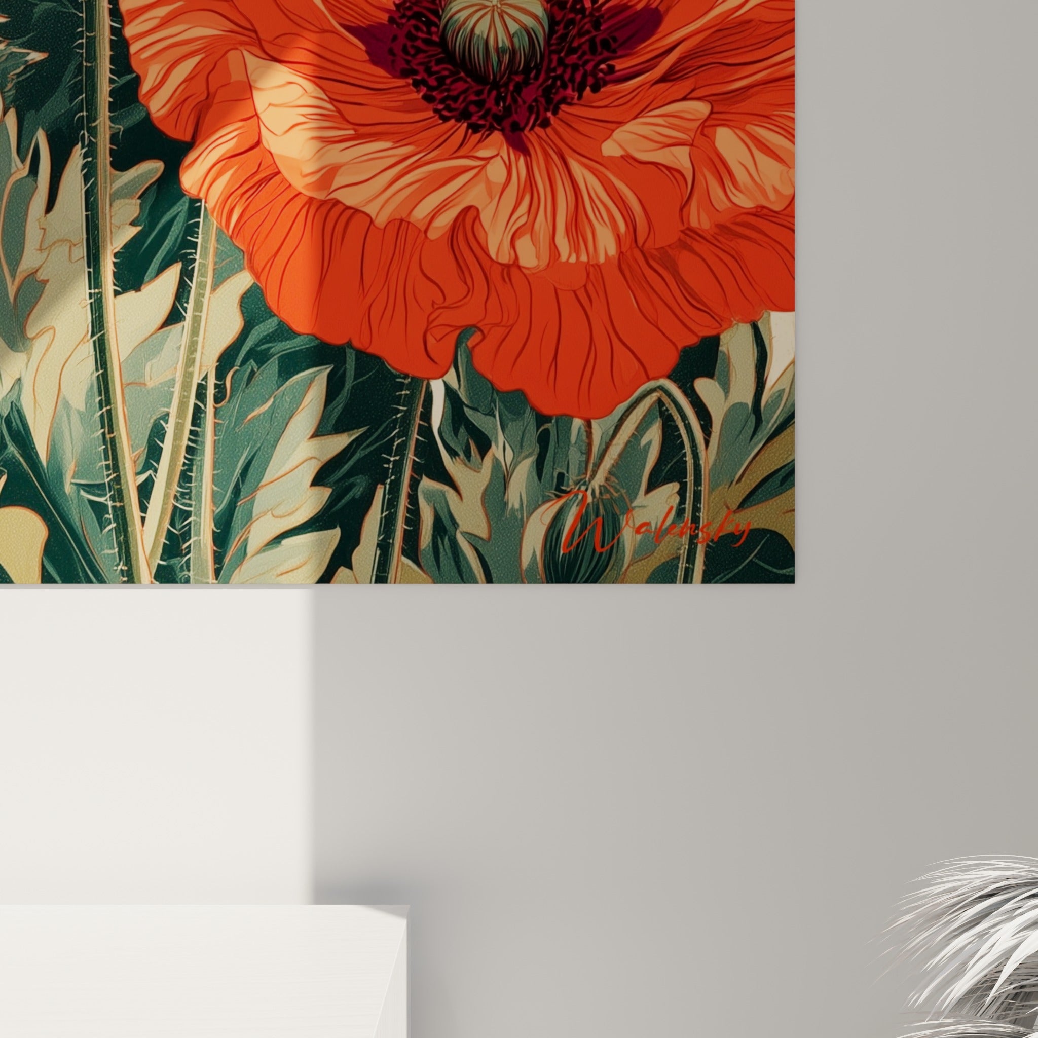 Détail des pétales orangés et des nervures rouges du coquelicot, texture fine et coulures visibles
