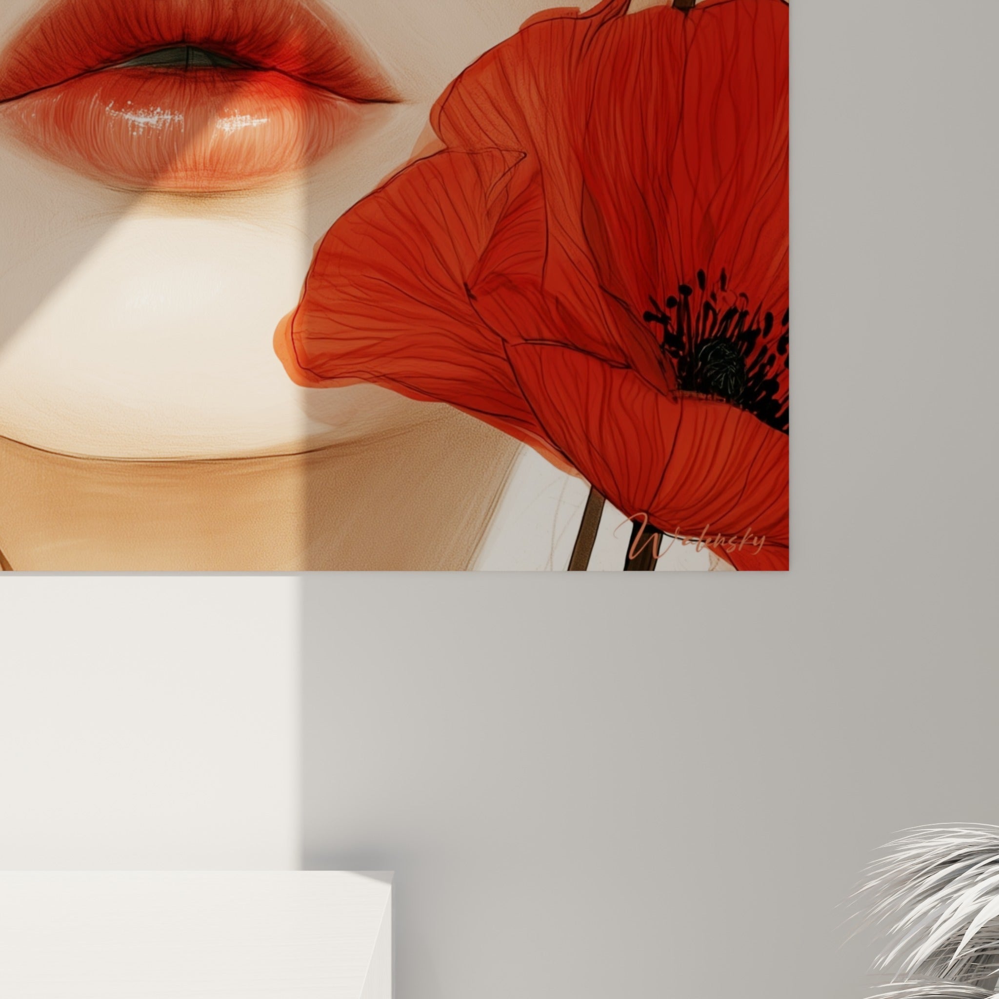 Détail des pétales rouges texturés et du grain de peau nude, matière fine et lumière satinée visibles